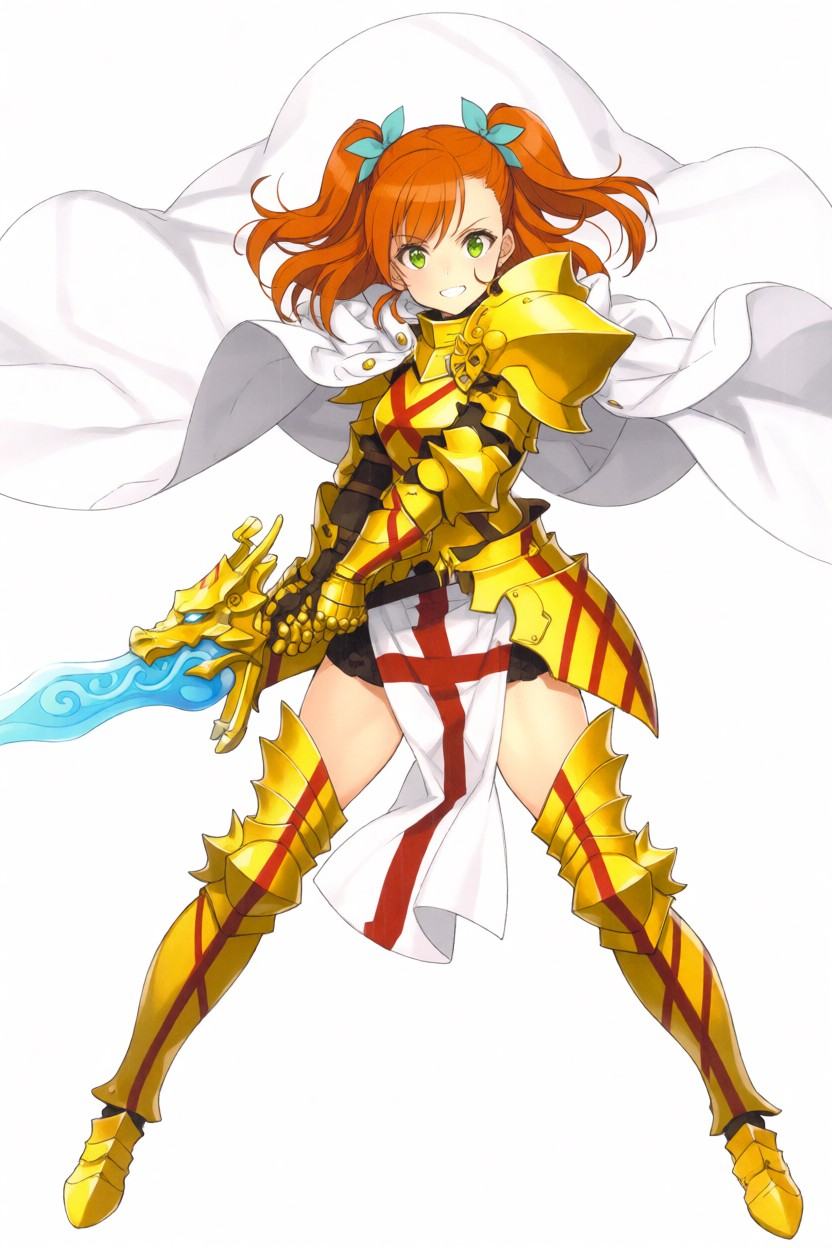 Full-body anime illustration of a fierce young female knight in a dynamic combat pose. She has vibrant orange hair tied in...