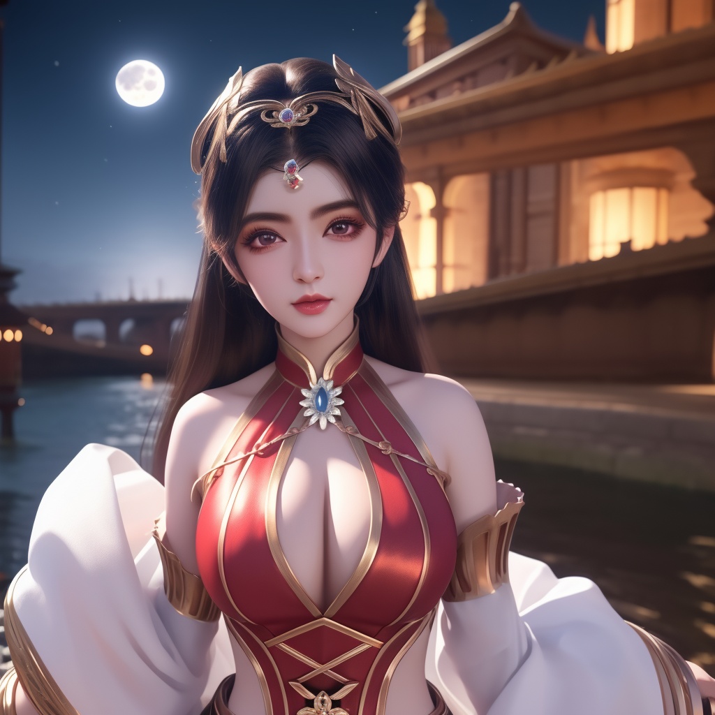 <lora:780-DA-神澜奇域-主持人:0.8>, (,1girl, ,best quality, ),looking at viewer,  ,ultra detailed background,ultra detailed background,ultra realistic 8k cg,, ,masterpiece, (( , )),, ,   ,   cure blossom, full moon,night,night sky,  (cleavage),,  (), ,,