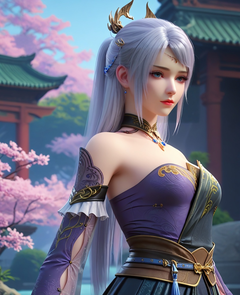 (oriental architecture, elegant decor, sophisticated style:1.1),playing on the water slide,(breasts:1.2),pelvic curtain,<lora:XL16大主宰洛璃:0.95>,miss luoli,purple short dress paired with black peplum overskirt,blue eyes,white hair,long hair,half-up ponytail with long cascading hair,hair ornament,detached collar,sash,, zPDXL2, score_9, score_8_up, score_7_up BREAK realistic, masterpiece,best quality, highly detailed,, zPDXL3, zPDXL2,zPDXL, zPDXLxxx, zPDXLrl,