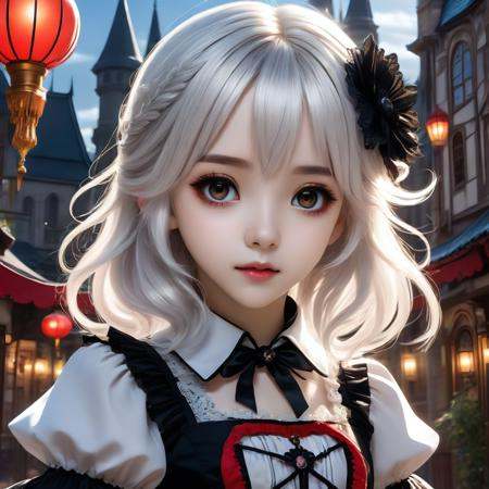 ((masterpiece))),(((best quality))),((ultra-detailed)),(illustration),(dynamic angle),((floating)),(paint),((disheveled hair)),(solo),(1girl), little girl, small breast,(((detailed anima face))),((beautiful detailed face)),collar,(((gothic, little girlta_fashion, gothic_little girlta))),((white hair)),((streaked hair)),beautiful detailed eyes,(red eyes),(((detailed castle))),(((high saturation))), ((best shadow)) ,((night,red moon,blood on face,blood on cloths,splash blood)),arms behind back((young,little girl,cute,clear face))