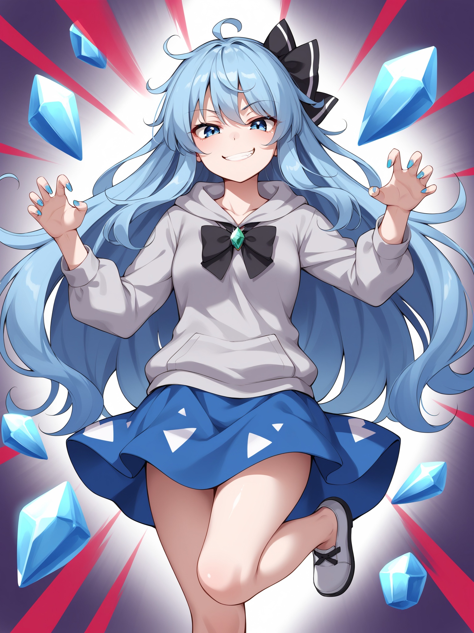 best quality, masterpiece, score_9, score_8_up, ink style,1girl, yorigami shion, touhou, blue hair, blue eyes, blue skirt, grey shirt, ofuda on clothes, very long hair, messy hair,  posing, bow, grey hoodie, looking at viewer, smug face, claw pose, (dynamic:1.3), motion blur, full body,abstract background, blurry foreground, ofuda, gems, crystals