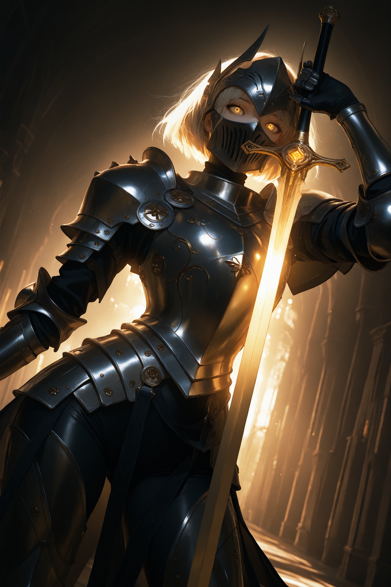 masterpiece,best quality,amazing quality,very aesthetic,absurdres,newest,extreme aesthetic,in the style of fashion photography,light particles,cinematic lighting,Visual impact,sharp focus,Emotionalization,depth of field,dutch angle,scenery,intense light,golden light in the dark,girl holding the sword,tight armor,intricate textures,real metal material,