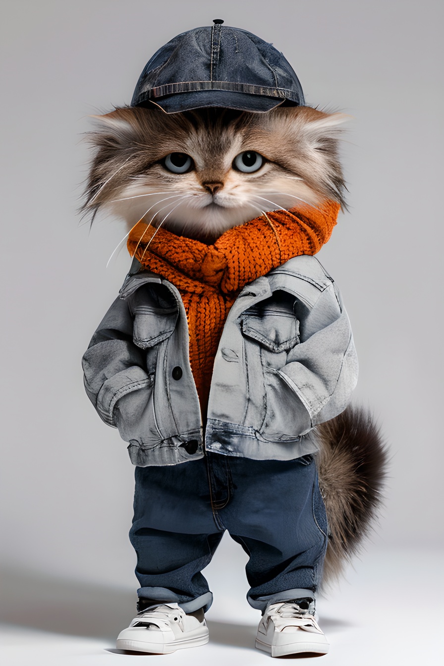 masterpiece,best quality,solo,looking at viewer,simple background,white background,long sleeves,standing,hat,jacket,full body,tail,open clothes,shoes,pants,grey background,scarf,animal,open jacket,denim,blue pants,pocket,animal focus,brown jacket,jeans,hands in pockets,no humans,grey footwear,orange jacket,grey scarf,Pallas's cat, <lora:3D人物角色拟人动物自媒体神器_v1.0:0.8>