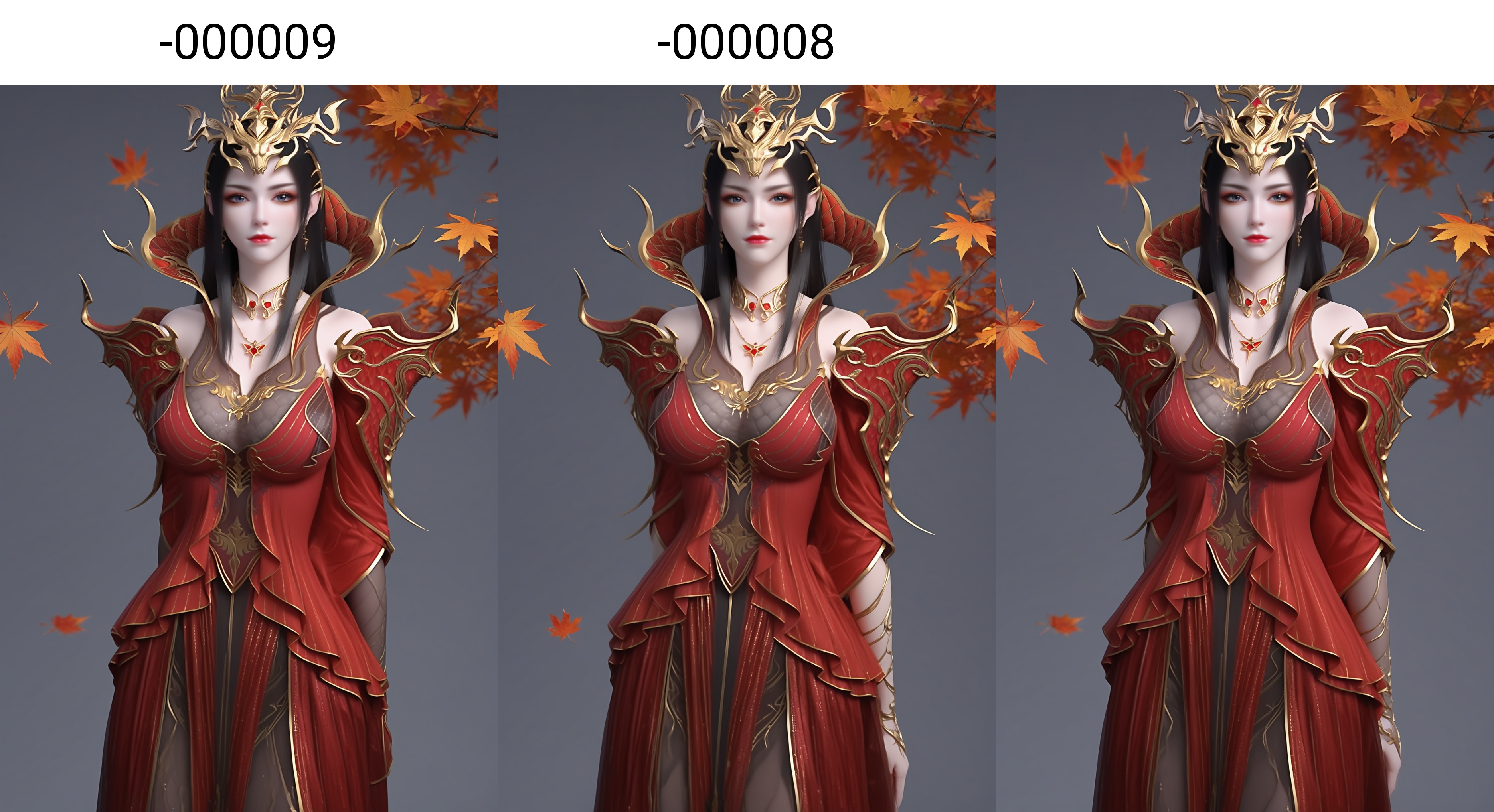 (score_9),<lora:斗尊美杜莎-apony-000009:0.83>,meidusha,1girl,solo,hair ornament,tiara,long hair,black hair,pointy ears,earrings,(gray-blue eye),cocked eyebrow,collar,popped collar,jewelry,shoulder armor,metal collar,necklace,red dress,detached sleeves,long sleeves,(glamor),curvy,mature_female,collarbone,pointy breasts,puffy breasts,(large teardrop breasts),large breasts,(see-through cleavage),see-through legwear,black pantyhose,pelvic curtain,long dress,BREAKlooking at viewer,front view,closed mouth,((arms behind back)), BREAK<lora:Expressive_H-000001:0.8>,light blush,Expressiveh,body blush,<lora:e肤色滑块:0.25>,(pale_skin),(Ivory_skin),(light_skin),ultra-detailed skin texture,detailed textures,BREAK<lora:e色温:0.35>,simple background,grey background,twig,autumn leaves,branch,falling leaves,Tyndall effect,available light,depth of field,lens_flare,