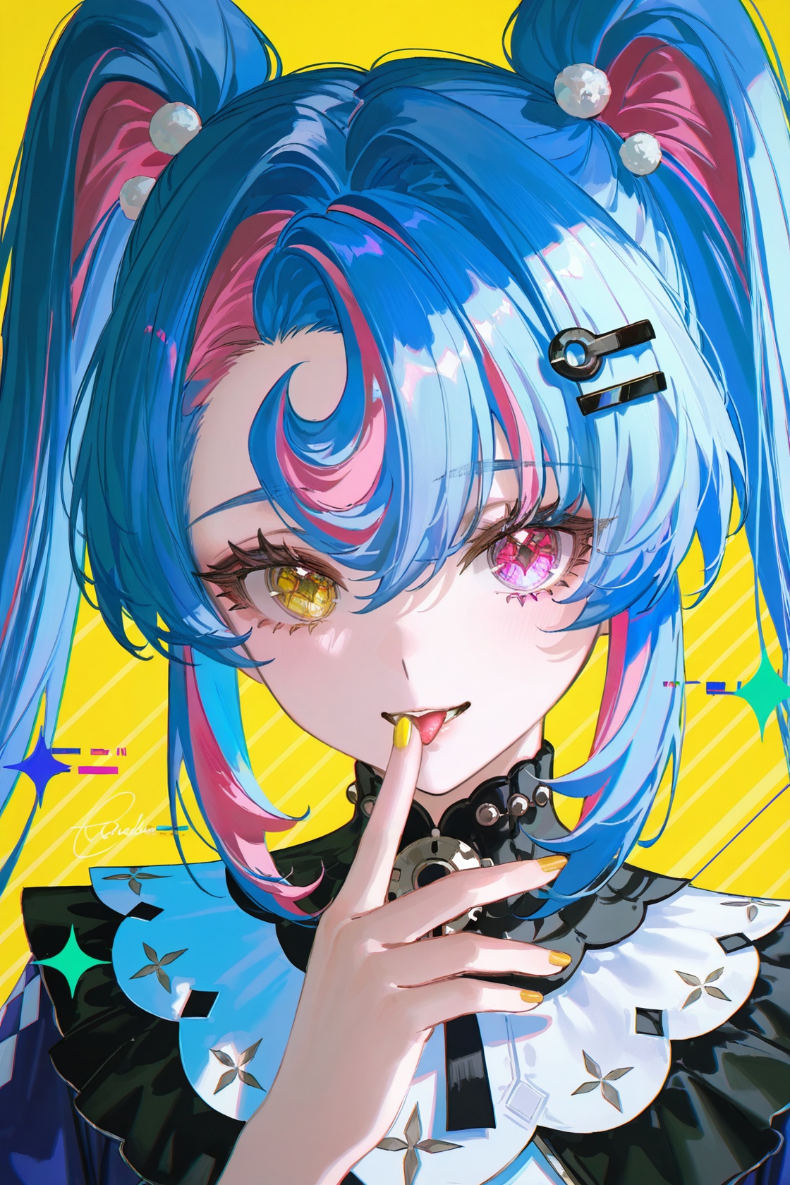 8k,best quality,masterpiece,(ultra-detailed),(high detailed skin),artist:john kafka,(artist:wanke:0.9),artist:fuzichoco,artist:quasarcake,(artist:nixeu:0.8),(1girl:1.2),upper body,light grin,chromatic aberration,cyberpunk,licking finger,glitch lump on face,lens_flare,colorful,chromatic aberration,dynamic pov,Chromatic Aberration,Glitch lettering,abstract art,(clear lines:1.1),(squares:1.1),bright,limited palette,canonical composition,(neat diagonal striped background:1.2),(Light Yellow background:1.1),ultra-detailed,film grain,geometry stripe,genderswap,<lora:lkk-noob-Tanger-000014:0.8>,Roccia \(Wuthering Waves\),clothes: Roccia  def dress,Roccia hair ornament,1girl,solo,blue hair,twintails,multicolored hair,heterochromia,