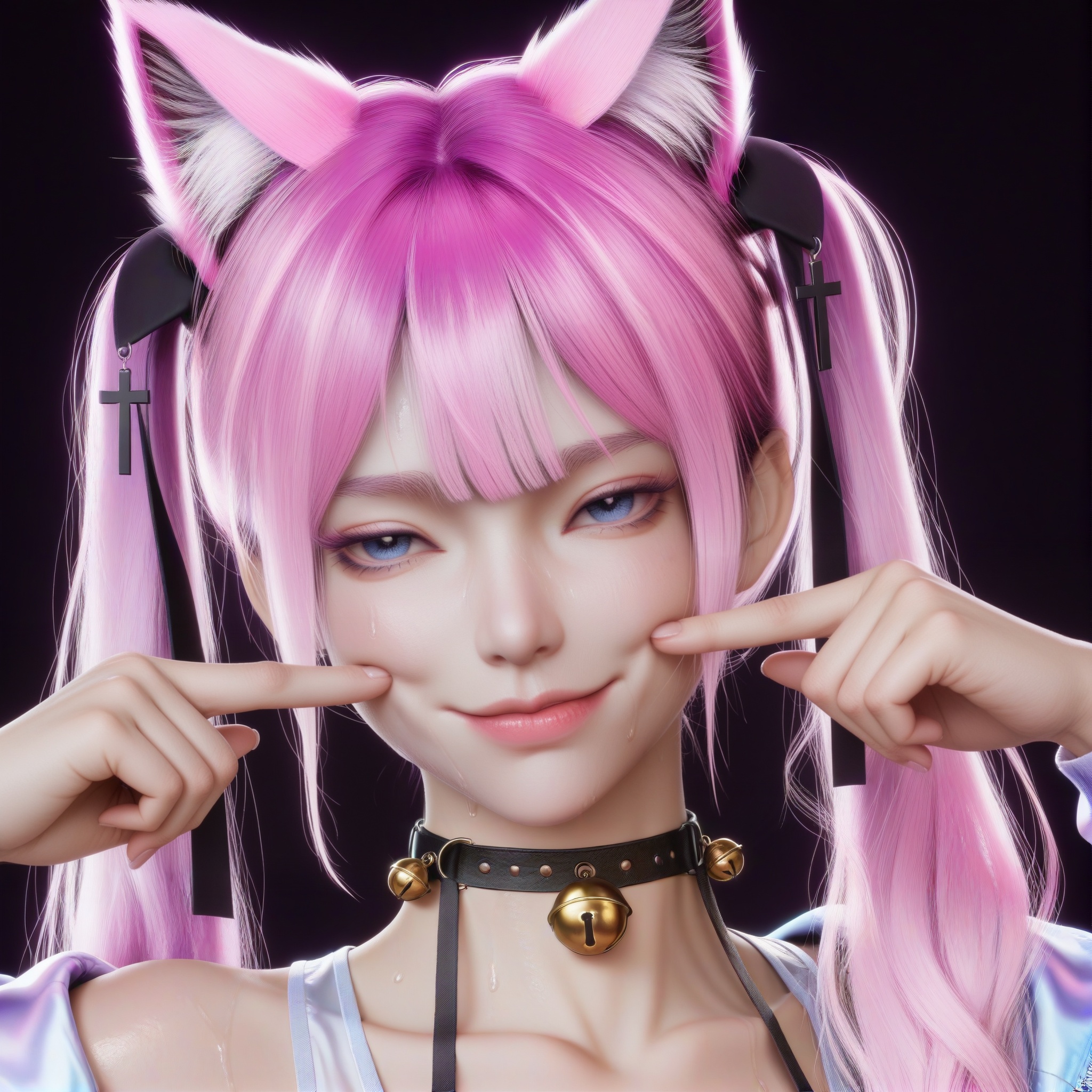 masterpiece,best quality,absurdres,highres,front view,looking at viewer,shaded_face,jitome,(fingersmile),collarbone,(glamor:1.1),narrow waist,<lora:XiaoFen_ill:0.83>,1girl,solo,xiaofen,pink hair,long hair,twintails,blue eyes,hair ornament,animal ear fluff,black choker,bell choker,crop top,cross hair ornament,white crop top,iridescent jacket,open jacket,(white_skin),(sweaty skin),(very sweaty),(pale_skin),(fair_skin),shiny wet,warm soft,high detail,soft pastel lighting,aesthetically pleasing,simple background,black background,