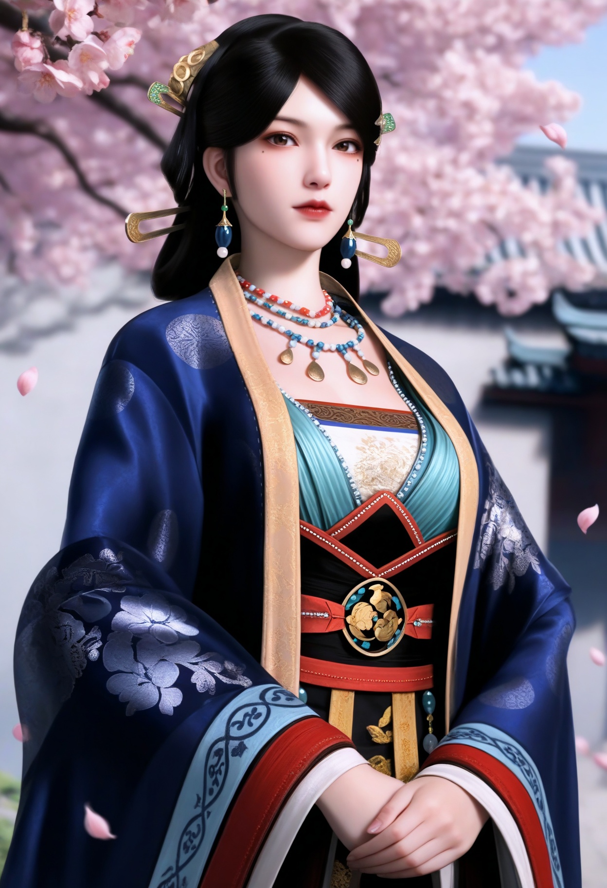 masterpiece,best quality,amazing quality,very aesthetic,high resolution,ultra-detailed,absurdres,scenery,photorealistic,(looking at viewer:1.1),upper body,(moody lighting:1.1),peach blossom,falling petals,(large breasts:0.8),wenluoyu,1girl,solo,black hair,long hair,hair ornament,jewelry,earrings,chinese clothes,necklace,realistic,brown eyes,lips,mole under eye,hanfu,long sleeves,closed mouth,wide sleeves,red lips,pearl necklace BREAK photorealistic details,<lora:QQSillwenluoyuV1:0.8>,