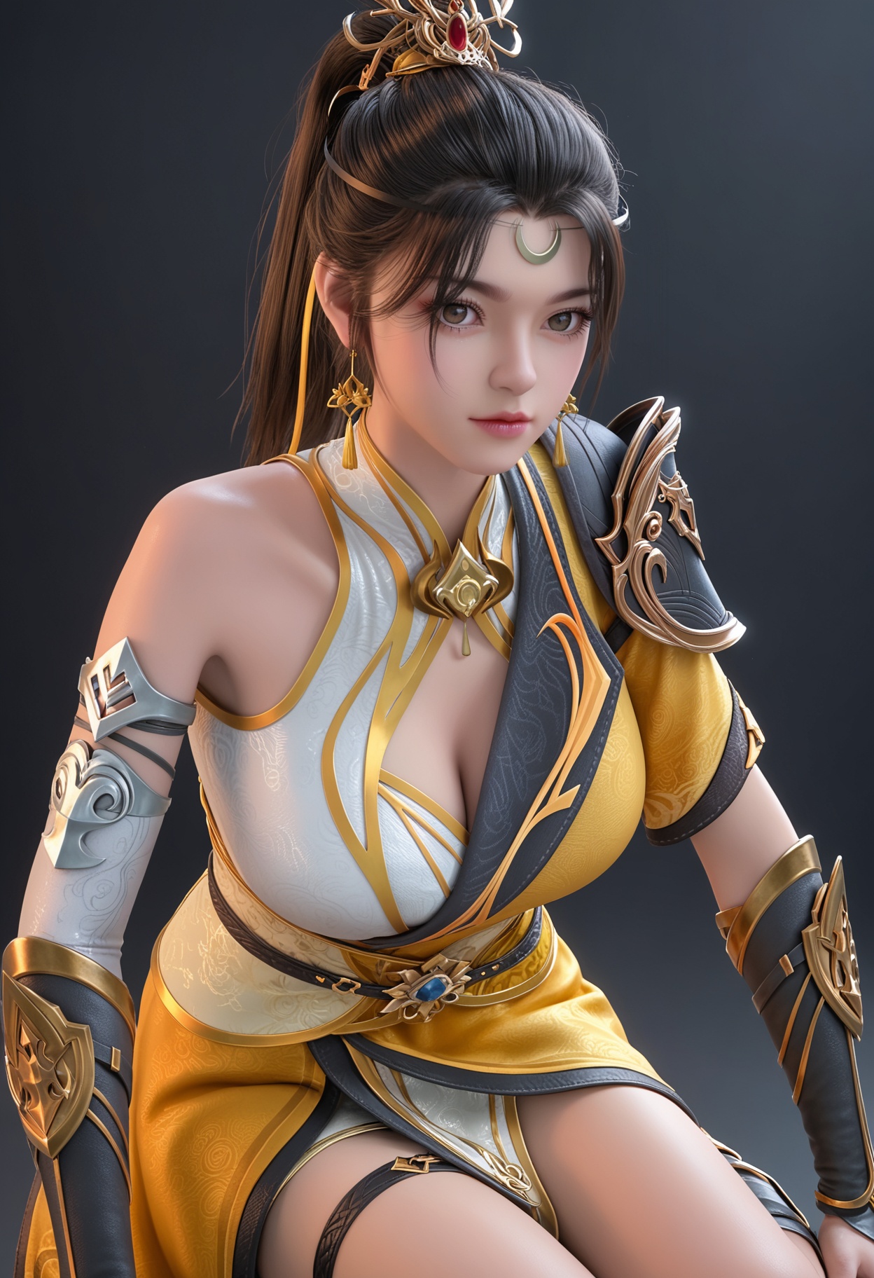 (score_9:1.1),(perfect_anatomy:1.1),upper_body,blurry background,depth of field,(looking_at_viewer:1.1),<lora:YQponyjiqianfanV4-000005:0.8>,q1528437228,solo,1girl,black_hair,hair_ornament,jewelry,earrings,dress,ponytail,long_hair,breasts,chinese_clothes,crescent,forehead_mark,armor,clothing_cutout,facial_mark,boots,brown_hair,realistic,brown_eyes,lips,bare_shoulders,cleavage,cleavage_cutout,knee_boots,asymmetrical_sleeves,yellow_dress,white_dress,hair_bun,detached_sleeves,shoulder_armor,thigh_strap,crescent_earrings,asymmetrical_clothes,gloves,single_hair_bun,elbow_gloves,sash,black_footwear,(simple background,pure black background,black background:1.3),fair_skin,white_skin,shiny_skin,Ivory_skin,perfect_anatomy BREAK perfect_anatomy,(score_9:1.1),cinematic lighting,volumetric lighting,professional lighting,fair_skin,white_skin,shiny_skin,Ivory_skin,perfect_anatomy,