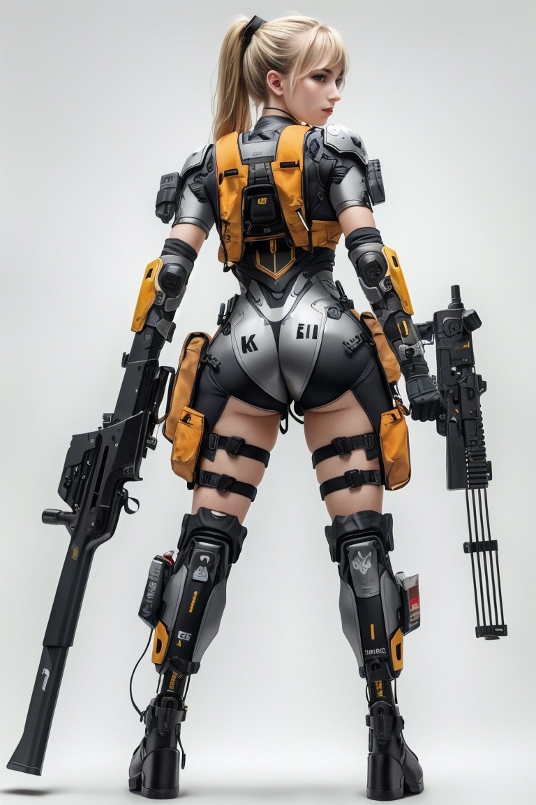 ((HRD, HUD, 8K)),((masterpiece, best quality)), highly detailed, soft light,Mecha, 1girl, solo, weapon, ass, gun, holding, holding weapon, armor, full body, grey background, blonde hair, mechanical tail, long hair, holding gun, bodysuit, looking back, skin tight, standing, from behind, science fiction, looking at viewer, cable, signature, rifle, gloves, simple background, grey eyes, lips, shoulder armor, fingerless gloves, breasts, tail, mecha musume, legs apart, assault rifle, cyborg, mechanical legs, cyberpunk, ﻿ <lora:20240427-1714184585124:0.8>