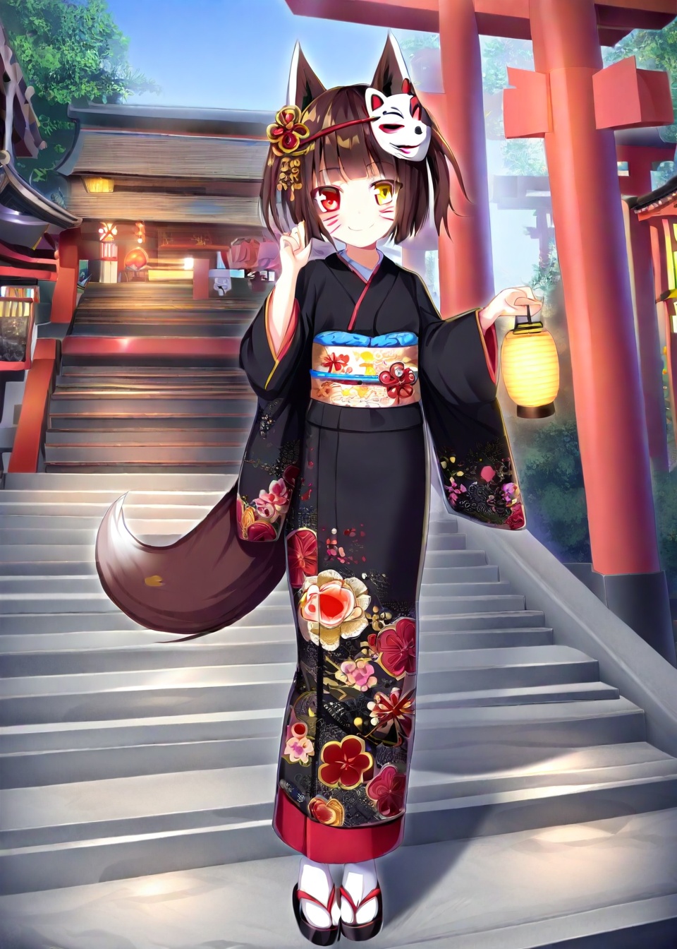 1girl, japanese clothes, kimono, black kimono, solo, heterochromia, torii, obi, animal ears, sash, stairs, mask, mask on head, red eyes, tail, yellow eyes, outdoors, wide sleeves, long sleeves, lantern, fox mask, floral print, standing, sandals, whisker markings, full body, tabi, looking at viewer, print kimono, brown hair, tree, zouri, closed mouth, smile, blush, hand up, hair ornament, white socks, facial mark