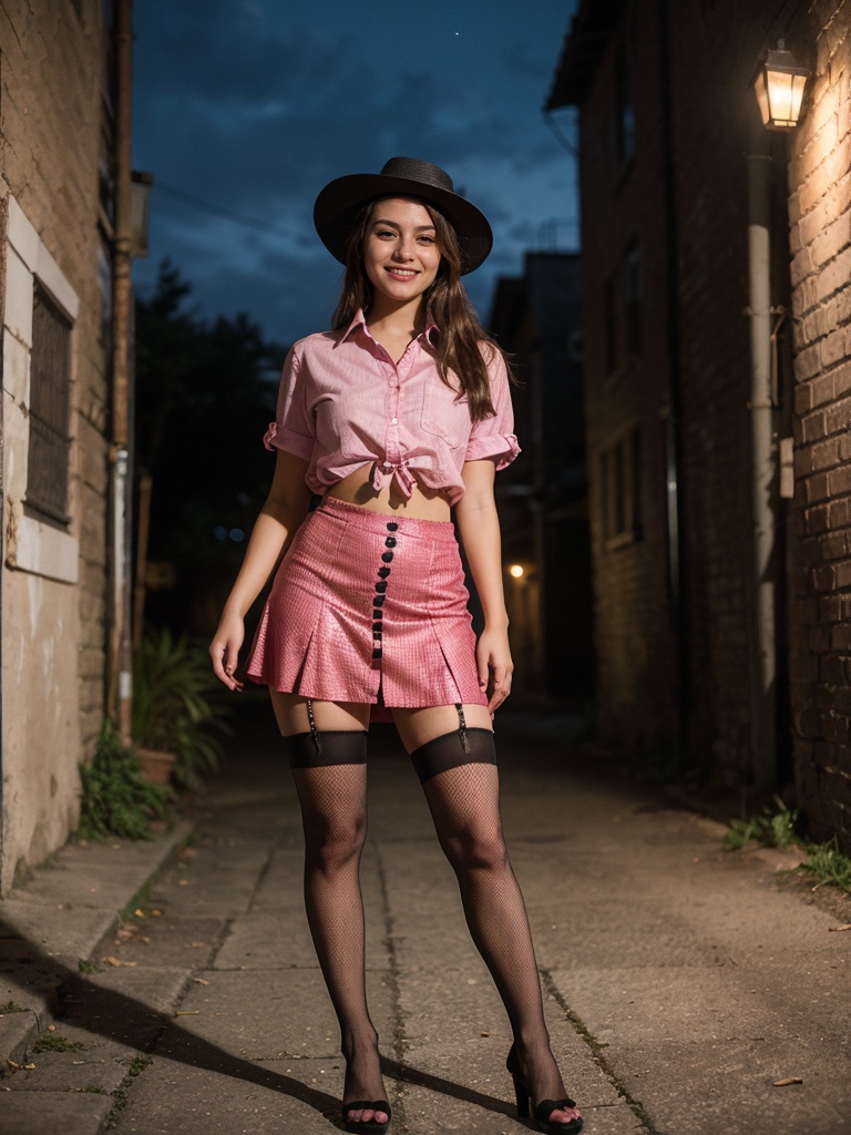 (Extremely Detailed gorgeous,  smiling photo of a 20-year-old girl dressed in a magenta unbuttoned shirt,  a short skirt o...
