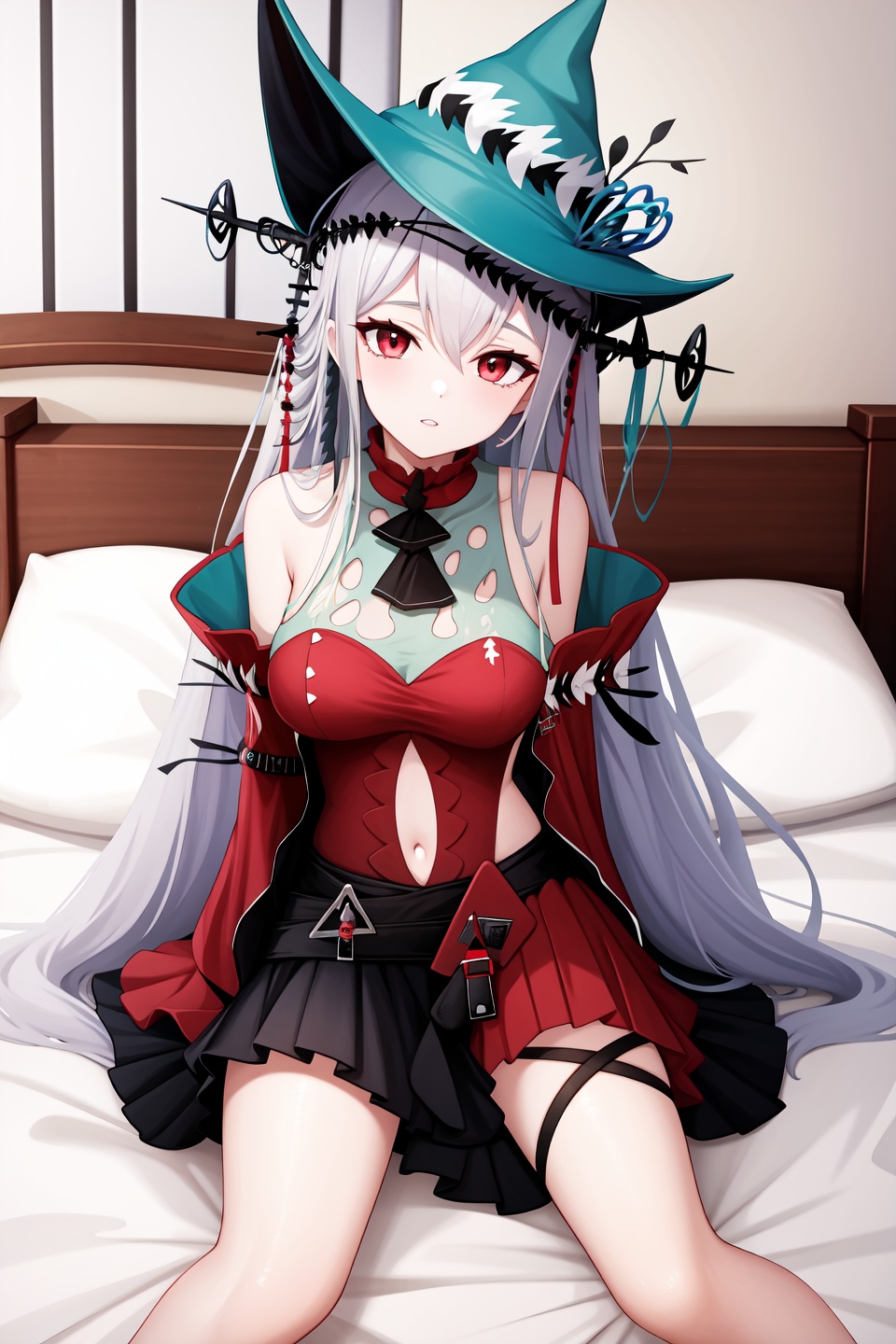 <lora:skadi2-000040:1>,skadi,1girl,skadi the corrupting heart \(arknights\),skadi \(arknights\),solo,official alternate costume,navel,looking at viewer,parted lips,hat,sitting on bed,bedroom,indoors,, 1girl,,  (masterpiece,best quality:1.2),absurdres