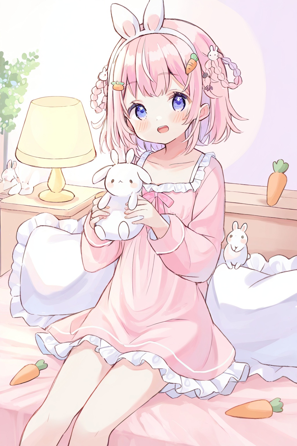 1girl,pink hair,virtual youtuber,stuffed toy,solo,rabbit ears,stuffed animal,hair ornament,animal ears,smile,stuffed rabbit,sitting,braid,looking at viewer,blush,dress,carrot hair ornament,purple eyes,open mouth,pillow,food-themed hair ornament,hairband,nightgown,long sleeves,bed,frills,on bed,braided hair rings,lamp,holding stuffed toy,pink dress,indoors,blue eyes,short hair,<lora:fruitsrabbit-000030:0.8>,