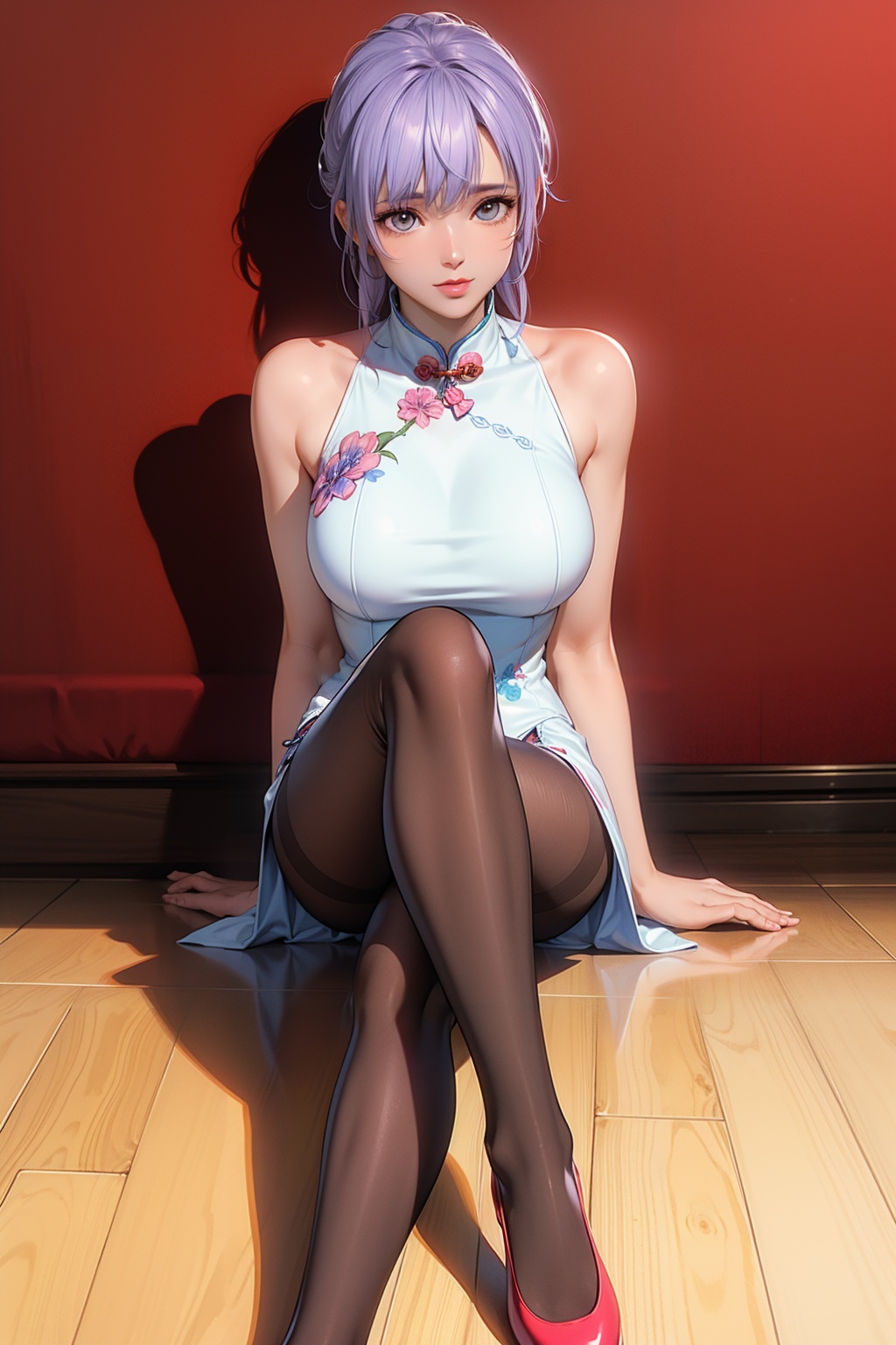 ((masterpiece,high quality,best quality,8k,wallpaper,fine lineart,highly detailed,absurdres)),1girl,solo,arms behind back,(cityscape:1.1),high heels,model,thin,sitting_on_xx,cheongsam,china_dress,(crossed_legs:1.1),(pantyhose:1.1),large breasts,(mid shot:1.1),(front view:1.1),(from above:1.1),fiona,<lora:fionaface1r-000005:0.75>,<lora:add_detail:0.3>,