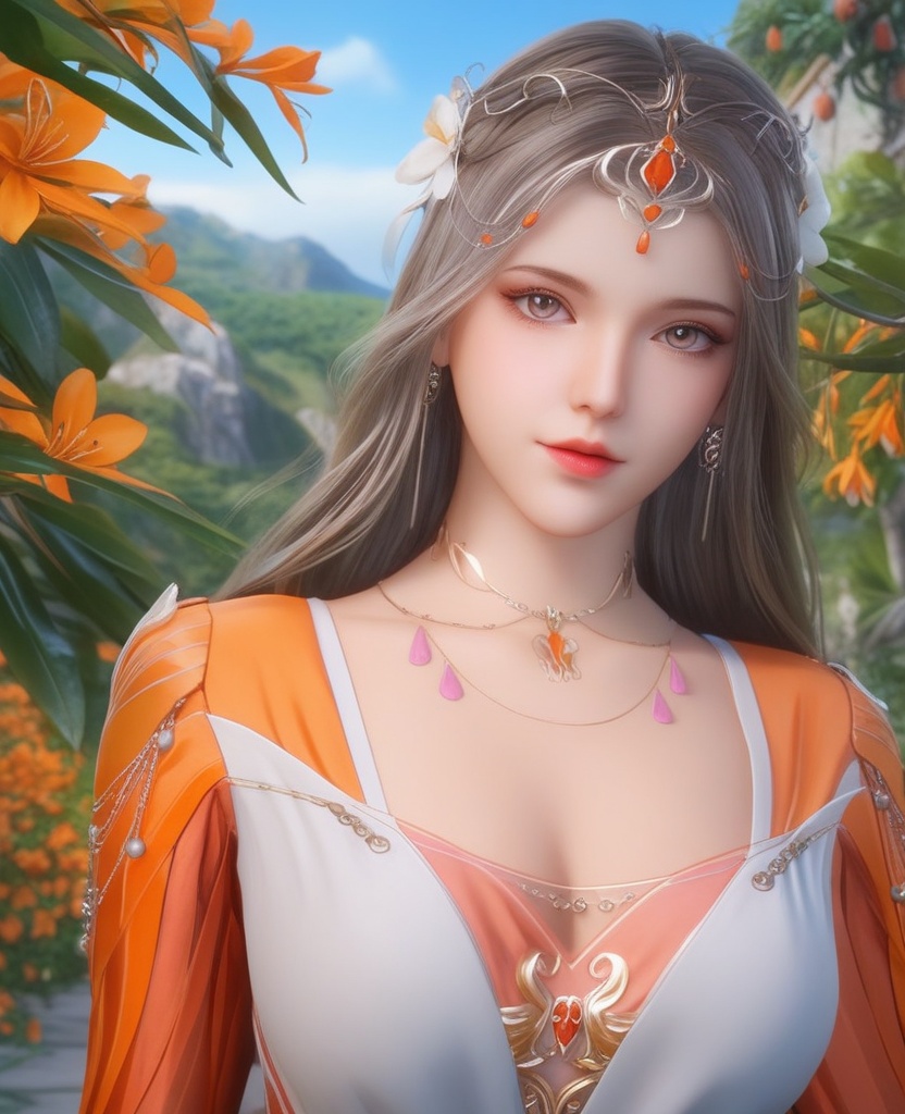 <lora:700-DA-XL-斗罗大陆-波赛西:0.8>(,1girl, ,best quality, ),looking at viewer,  ,ultra detailed background,ultra detailed background,ultra realistic 8k cg,, ,masterpiece, (( , )),, ,      ,  orange blossoms,  (cleavage), (), ,,
