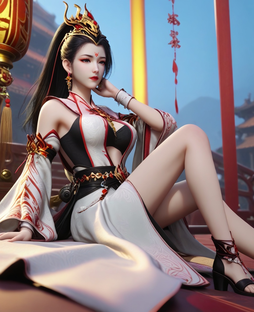 (oriental architecture, elegant decor, sophisticated style:1.1),(straddling:1.1),bored,(large breasts:1.2),<lora:XL16师兄啊师兄玖酒:0.95>,miss jiujiu,white dress,forehead mark,black hair,ponytail,long hair,hair ornament,jewelry,earrings,black slip dress,black high-heeled sandals,red lips,, score_9,score_8_up,score_7_up,score_6_up,score_5_up,score_4_up,3d rendering,tag1,tag2, Cinematic Lighting,backlighting,