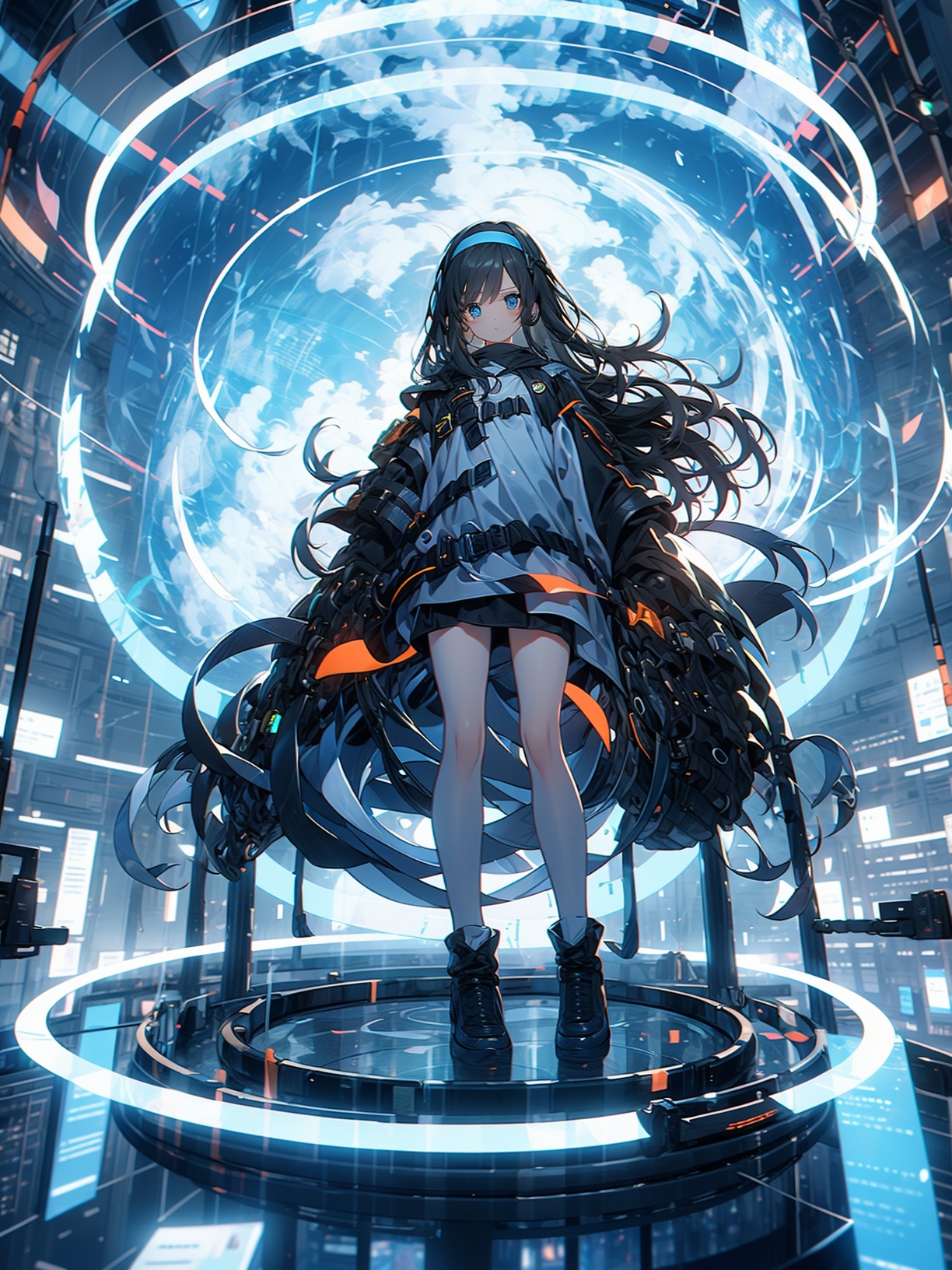 1girl, long hair, blue eyes, black hair, hairband, solo, looking at viewer, science fiction, gloves, standing, black gloves, floating hair, bangs, hologram<lora:HTTP_20240106230351-000012:1>