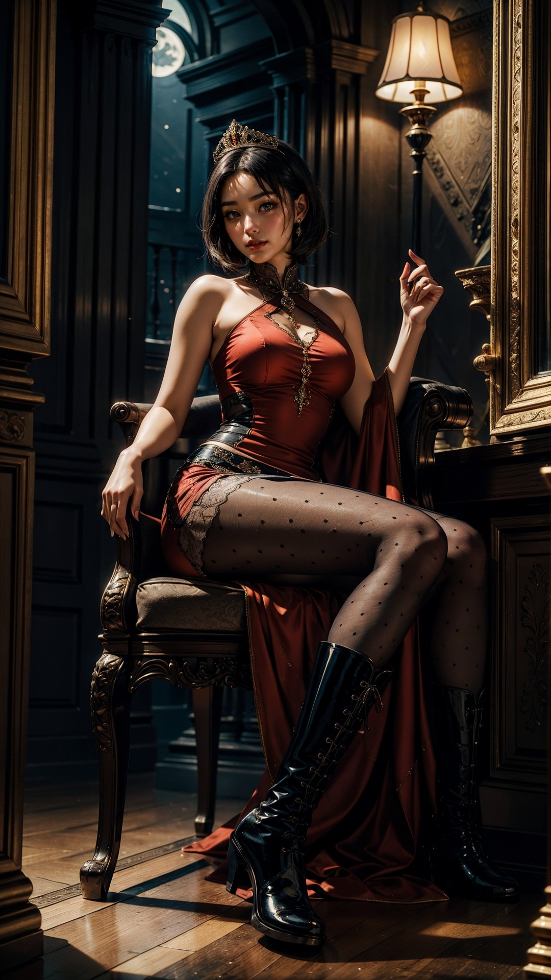 <lora:merged_0022:0.8>,(tutututu),(black pantyhose),(black boots:1.3),best quality,masterpiece,photorealistic,ultrarealistic,professional photograph shot on Canon EOS R6,80mm,moody lighting,1girl,(beautiful 24 yo asia girl),perfect curves,sitting on a royal throne,royal throne room,(red royal dress, red royal miniskirt),suggestive pose,romantic,solo,detailed eyes,looking at viewer,golden tiara,royal room,beautiful,looking at viewer,embarrassed,(nighttime, dark theme),fantasy,from front,arched neck,looking at viewer playfully,smirk,low key,dimly lit BREAK (short black hair, laced hair:1.2),<lora:epiNoiseoffset_v2:0.4>,