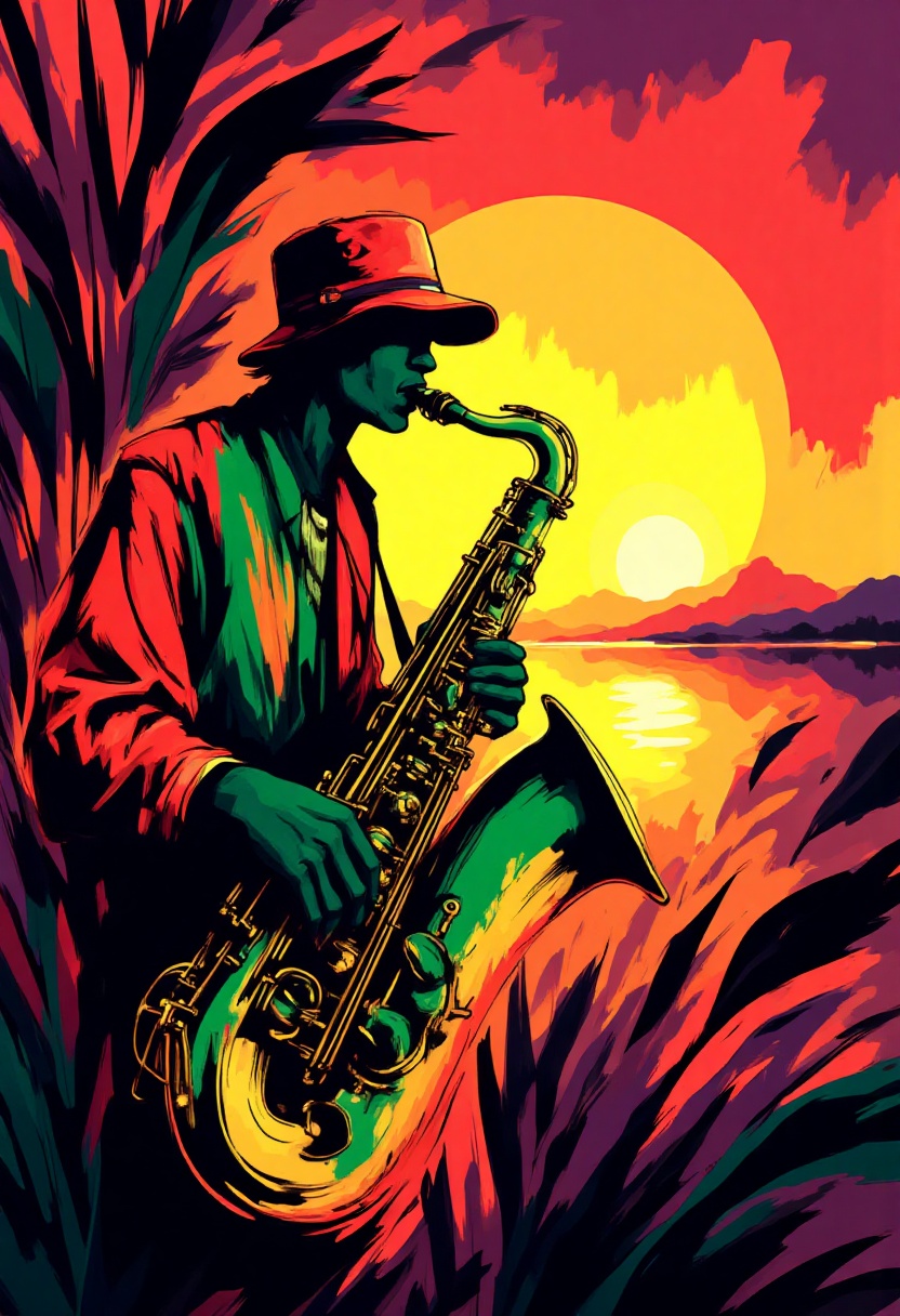 Impressionism,  A vibrant vector digital drawing of a jazz saxophone,  the body of which is painted in Pan-African colors:...