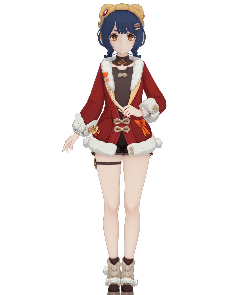 8k,best quality,masterpiece,(ultra-detailed),(high detailed skin),(by nanoless, by misumi \(macaroni\),:0.5),A full-body portrait of a young girl,standing gracefully,pastel art style,high-key lighting,shoujo manga influence,hd quality,delicate details,full body,full shot,standing,looking at viewer,(solo:1.2),simple background,white background,<lora:huxiang-sd-Tanger-000019:0.8>,xiangling \(New Year's Cheer\) \(genshin impact\),clothes:New Year's Cheer,1girl,hat,hair ornament,bangs,braid,hairclip,bare legs,bandaid,red coat,