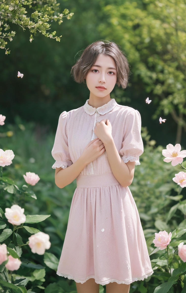 (masterpiece, best quality:1.2),illustration,absurdres,highres,extremely detailed,1 girl,white short hair,eye highlights,dress,short puffy sleeves,frills,outdoors,flower,fluttering petals,full body,depth of field,chromatic aberration abuse,pastel color,Depth of field,garden of the sun,shiny,flowers,garden,1girl,butterfly style,butterflies,ultra detailed,glary,Light,light particles,glitter,reflect,Put one hand on your chest,C4D,3D,bright,outdoors,gifts,candys,More details,flower ocean,winter,snowflakes,splashing water,falling petals,beautiful and delicate water,((beautiful eyes)),very delicate light,perfect and delicate limbs,nature,painting,water spray,fine luminescence,very fine 8K CG wallpaper,Lavender eyes,pink pupils,whole body,bright eyes,(an extremely delicate and beautiful girl:1.4),big eyes,eye highlights,watery eyes,looking_at_viewer,outdoors,look at the screen,Touching,