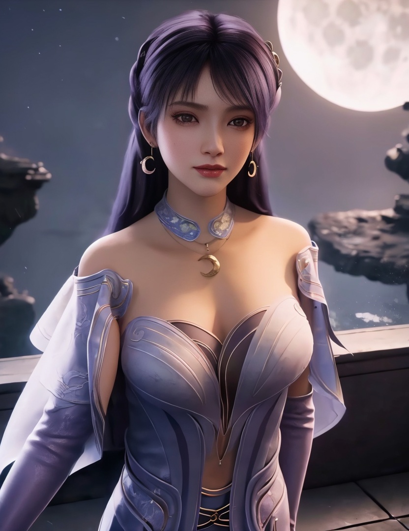 <lora:517-DA-遮天-姬紫月:0.8>(,1girl, ,best quality, ),looking at viewer,masterpiece, (( , )),, realistic,science fiction,mole, ultra realistic 8k cg, moonlight,full moon,  rose,(cleavage), (),