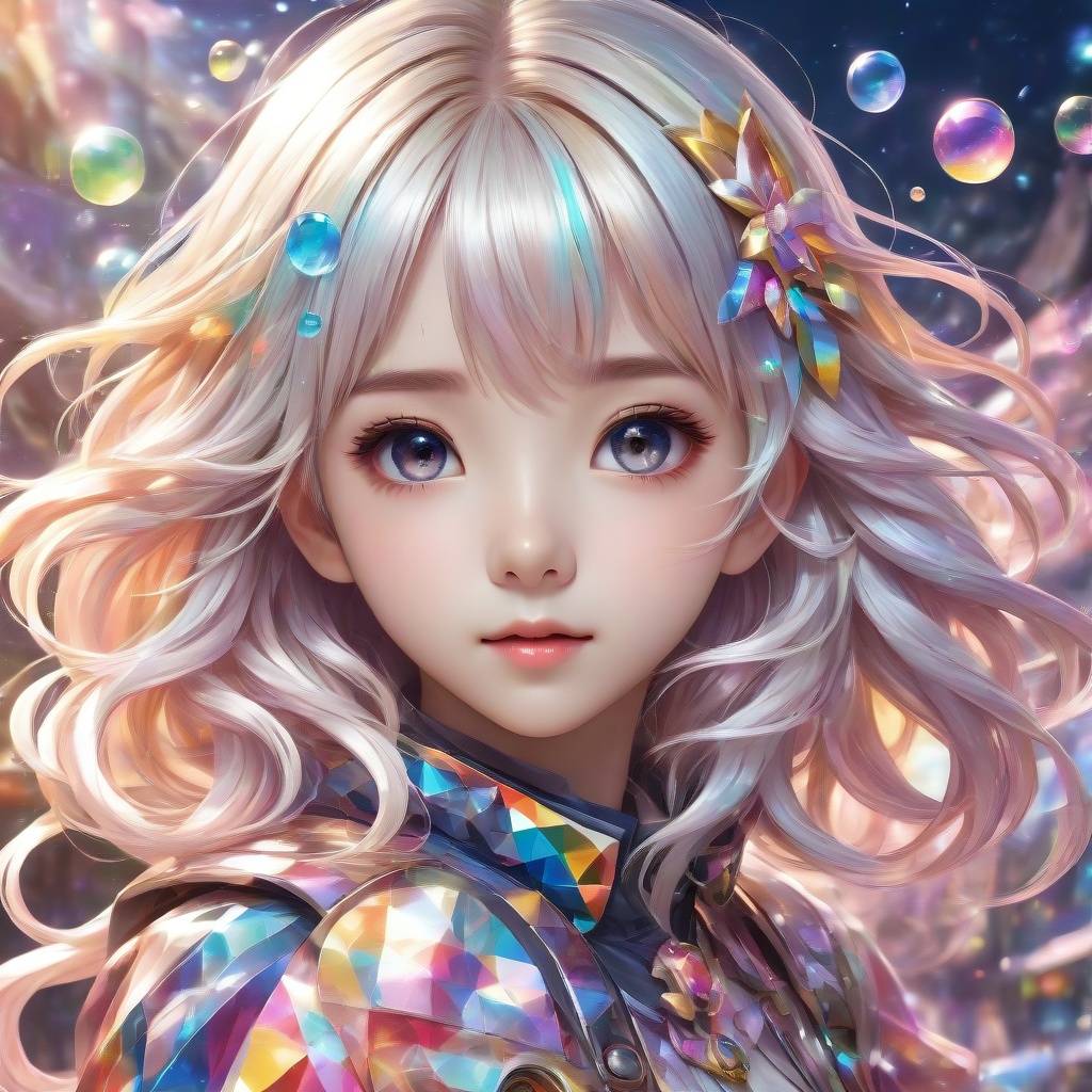 (((masterpiece))),(((best quality))),((ultra-detailed)),(illustration),(dynamic angle),((floating)),(paint),((disheveled hair)),(solo),(1girl), little girl, ((small_breasts)), (((detailed anima face))),((beautiful detailed face)),collar,bare shoulders,white hair, ((colorful hair)),((streaked hair)),beautiful detailed eyes,(Gradient color eyes),(((colorful eyes))),(((colorful background))),(((high saturation))),(((surrounded by colorful splashes))),(((surrounded by colorful dot))),colorful bubble,((shining)) ,child,((young,little girl,cute,little girl face))