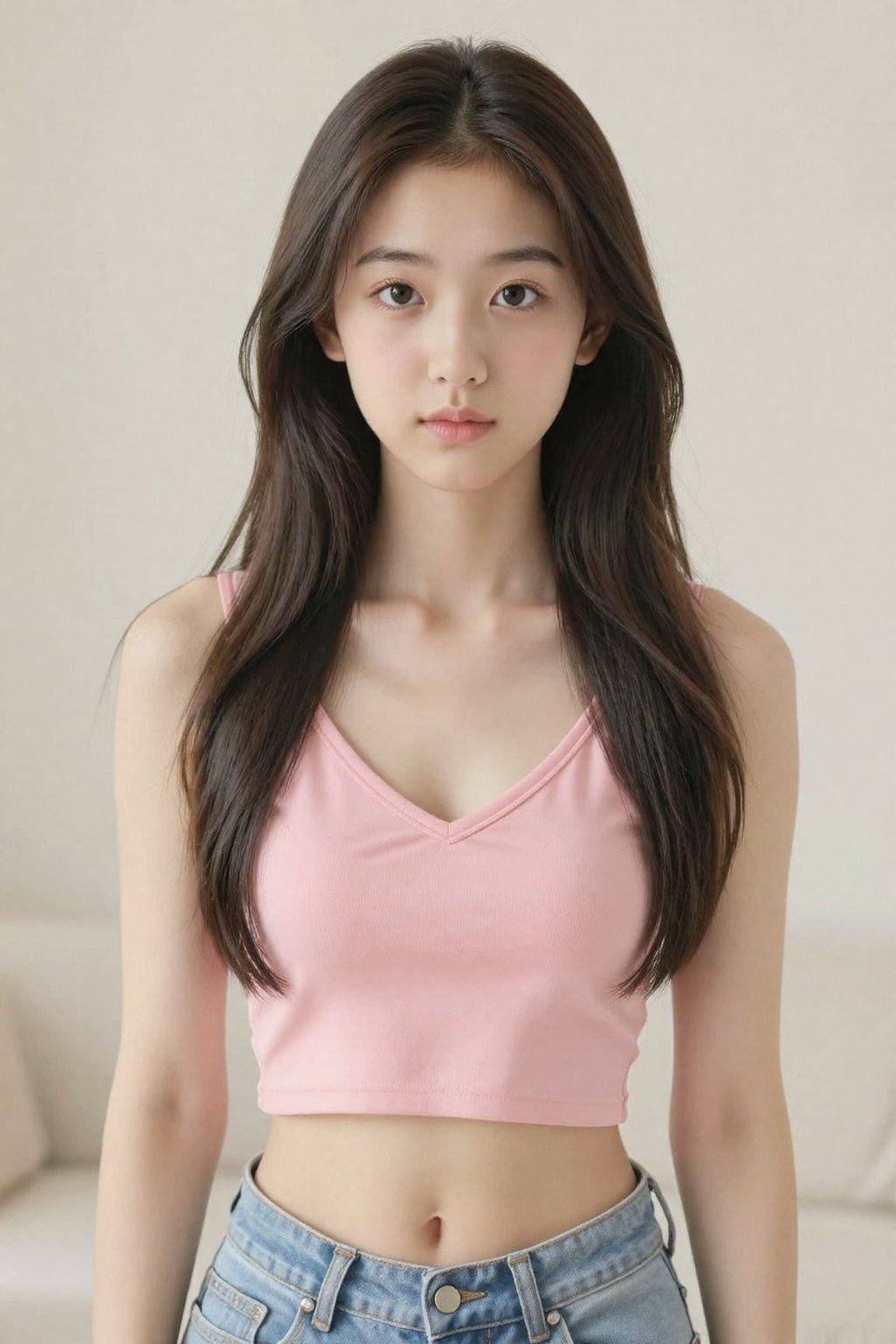 <lora:20260225_TinZITLBSWSliderLora_1_000000030:-2>, A young Asian woman, likely in her early twenties, is centered in the frame, facing the viewer directly. She has long, dark brown hair styled with a slight wave. The woman has a fair complexion, with delicate facial features, including soft brown eyes and a neutral expression. She is wearing a pink V-neck crop top that reveals her midriff and light-wash blue jeans. Her build appears slender and toned. The background is a soft, blurred off-white suggesting a neutral interior space. The lighting is soft and diffused, highlighting the woman's features. The overall atmosphere is clean and contemporary. The image uses a mid-shot composition, placing the emphasis on the woman's upper body and outfit. The style suggests a digitally generated or stylized portrait. 