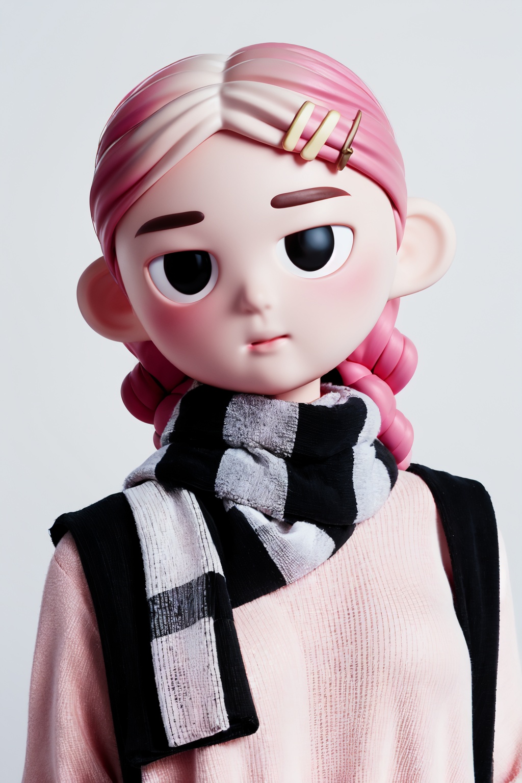 Best quality,masterpiece,ultra high res,yuan_3D_character,1girl,solo,hairclip,hair ornament,scarf,pink hair,black eyes,sweater,gradient background,braid,upper body,(white background:1.5),<lora:3D_character_v1.0:0.8>,
