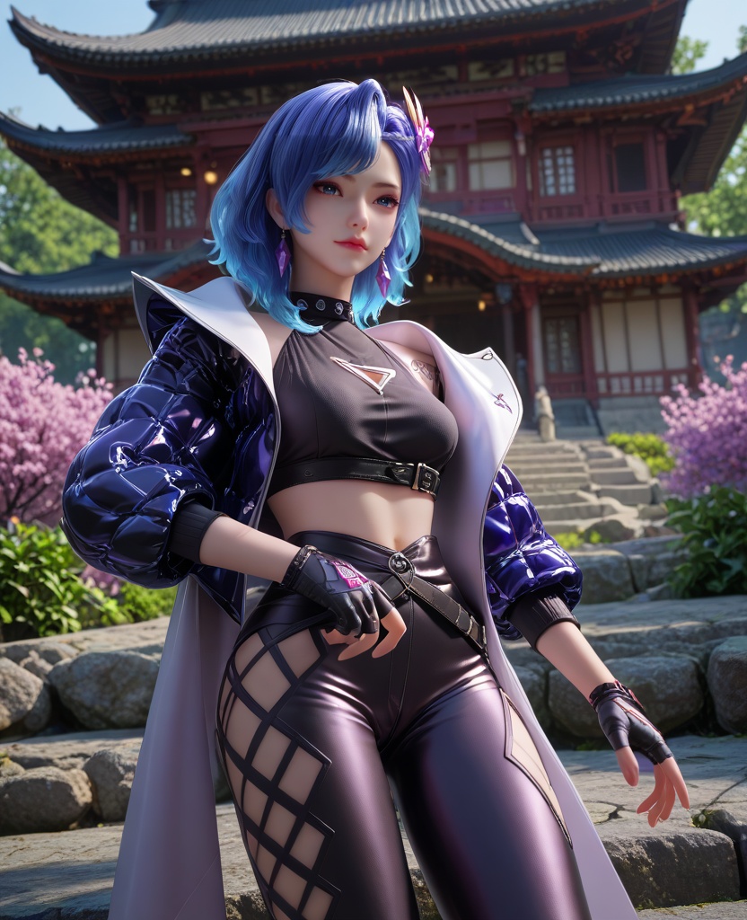 (oriental architecture, elegant decor, sophisticated style:1.1),(practicing judo:1.1),(breasts:1.2),<lora:XL16克金玩家柳菲:0.95>,miss liufei,atropurpureus jacket,black crop top,blue eyes,blue hair,hair ornament,earrings,gem,black fingerless gloves,tattoo,belt,leggings with built-in heels,, score_9,score_8_up,score_7_up,score_6_up,score_5_up,score_4_up,3d rendering,tag1,tag2, Cinematic Lighting,backlighting,, zPDXL3, zPDXL2,zPDXL, zPDXLxxx, zPDXLrl,