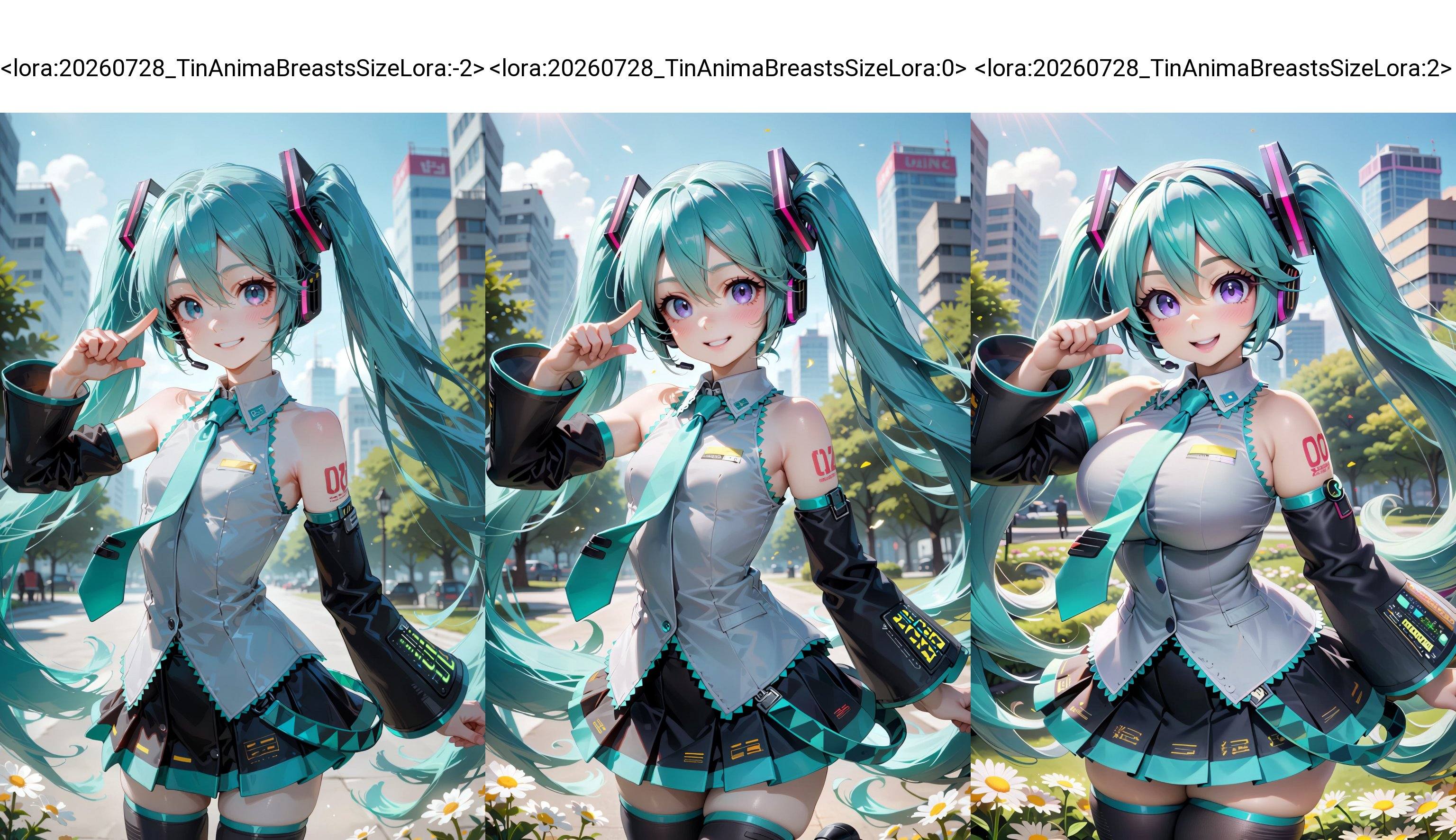 Ultra-detailed anime-style portrait of a cheerful young girl with long teal twin-tail hair tied with glossy magenta hair r...