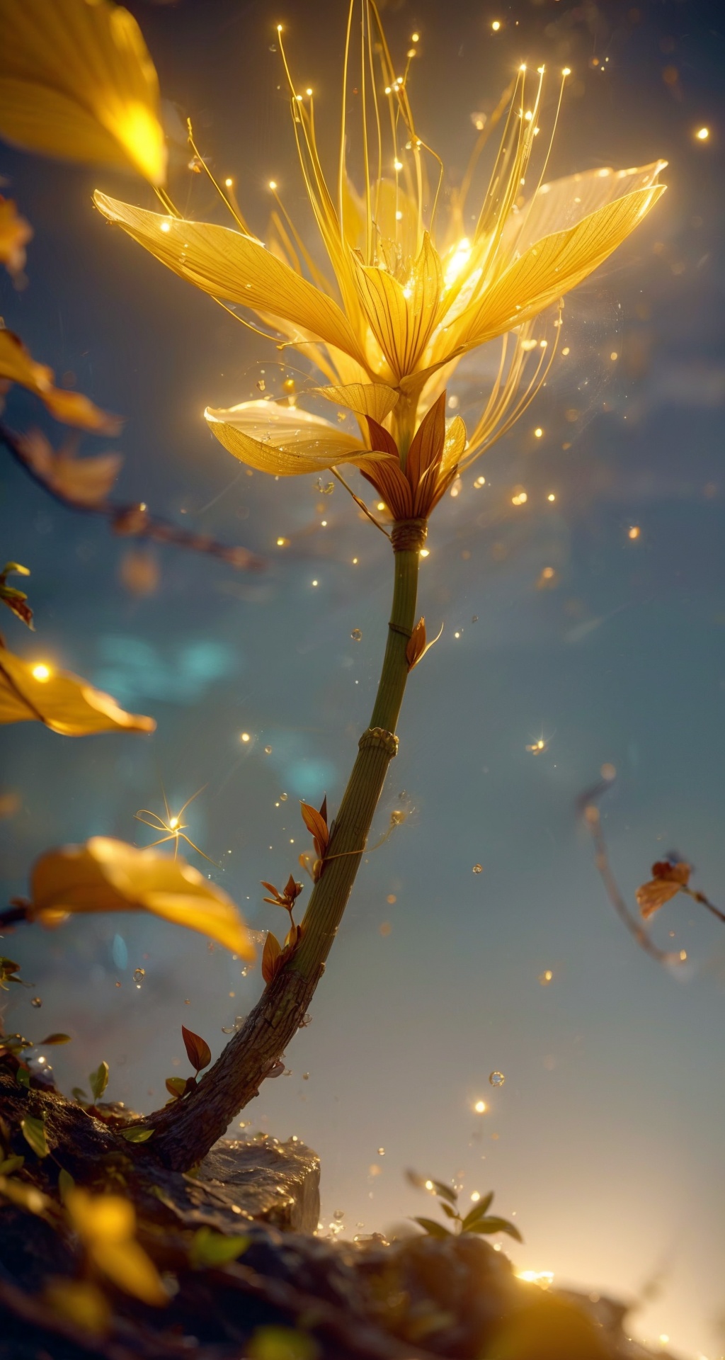 <lora:add_detail细节增加:1.5>,<lora:法宝:0.8>,fabao,novady,no_humans,weapon,fantasy,glowing,There are many scattered luminous petals,Hidden in the light yellow flowers,Depth of field,Many flying drops of water,Many scattered leaves,branch ,angle ,contour deepening,cinematic angle,