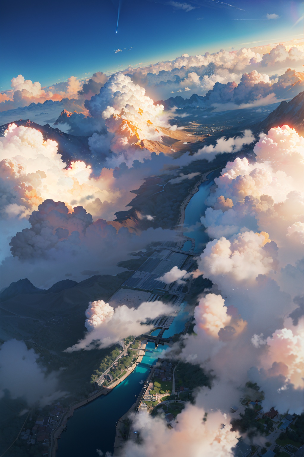 masterpiece, best quality,(ray tracing,cinematic lighting),cloud,above clouds,blue sky,day
