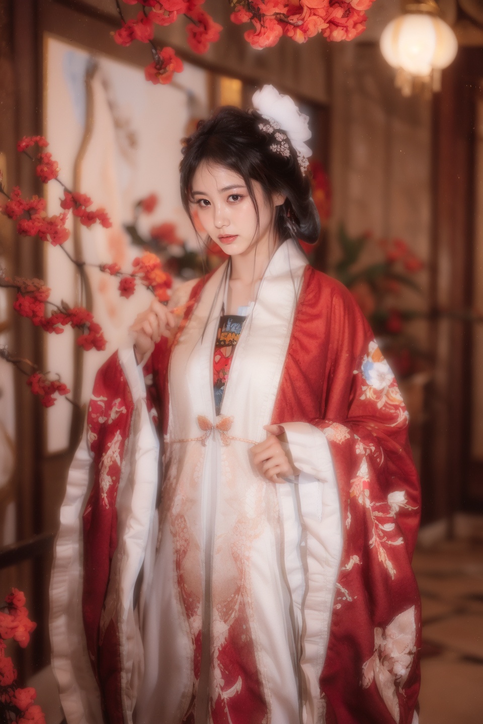 masterpiece,best quality,ultra high res,<lora:aw13xin_lora:1>,chinese clothes,hanfu,<lora:13honghanfu:1>,1girl,looking at viewer,gigantic_breasts,yosshi film,Watercolor painting,lily patterns,white and light pink colors,layered flower shapes,delicate leaves and branches,spacious composition,Eastern and Western fusion,artistic elegance,