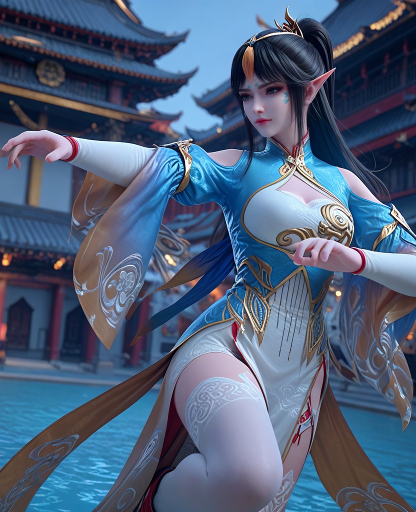 (oriental architecture, elegant decor, sophisticated style:1.1),(martial arts flying kick:1.1),looking at viewer,(breasts:1.2),<lora:XL斗破苍穹凤清儿:0.95>,1girl,black hair,long hair,ponytail,tassel,hair ornament,pointy ears,black eyes,dress,clothing cutout,cleavage cutout,breasts,thighhighs,facial mark,, score_9,score_8_up,score_7_up,score_6_up,score_5_up,score_4_up,3d rendering,tag1,tag2, Cinematic Lighting,backlighting,, zPDXL3, zPDXL2,zPDXL, zPDXLxxx, zPDXLrl,