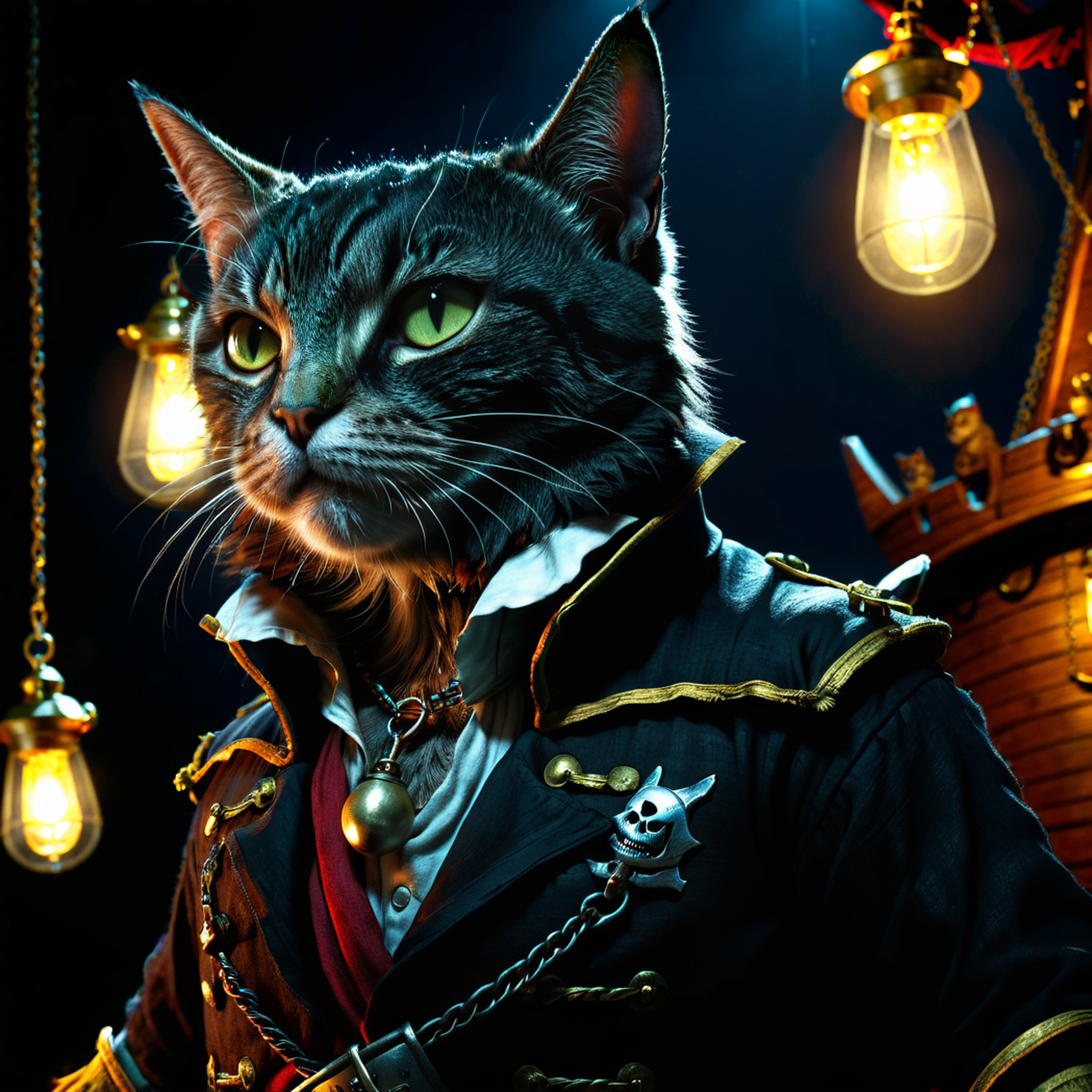 Hyperrealistic art A pirate ship dark at night with lamps lighting the scene,  a cat wearing a pirate captains clothes,  ....