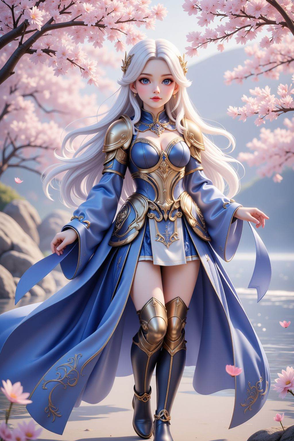 A woman with white hair and blue eyes,wearing a blue and gold metal armor skirt,delicate makeup,autumn,sea,cherry blossom trees,full body,boots,
