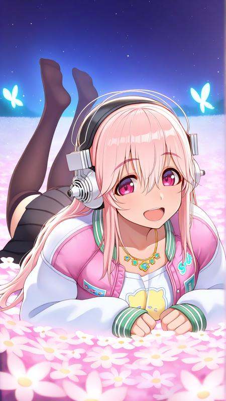 masterpiece, absurdres, amazing quality, aesthetic, newest, mature female, looking at viewer,<lora:SuperSonico_Illu_Dwnsty:0.9>,sup3rs0n1c0def, pink eyes, pink hair, aqua hair, two-tone hair, colored inner hair, long hair, hair between eyes, headphones, necklace, letterman jacket, pink jacket, white sleeves, long sleeves, sleeves past wrists, white shirt, black skirt, miniskirt, pleated skirt, black thighhighs, the pose, on stomach, legs bent up, head tilt, happy, ^o^, open mouth, xd, flower field, night, high fantasy, glowing flowers, starlight, ethereal, mist, vibrant colors, magical, serene, mystical, soft glow,