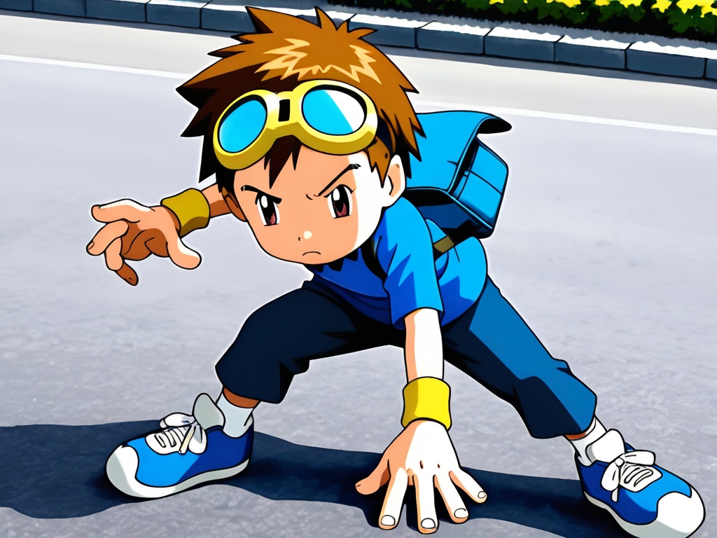 <lora:DT_Matsuda_Takato_XL:1>,digimon tamers,best quality,best detail,masterpiece,street,male focus,elementary school bag,1boy,male_child,petite,short hair,brown hair,blue clothes,pants,goggles on head,fine eyebrow,reddish brown eyes,fighting_stance,socks,sneakers,perfect hands,(5fingers:1.3),correct anatomy,huge filesize,available light,mid_shot,photorealistic,