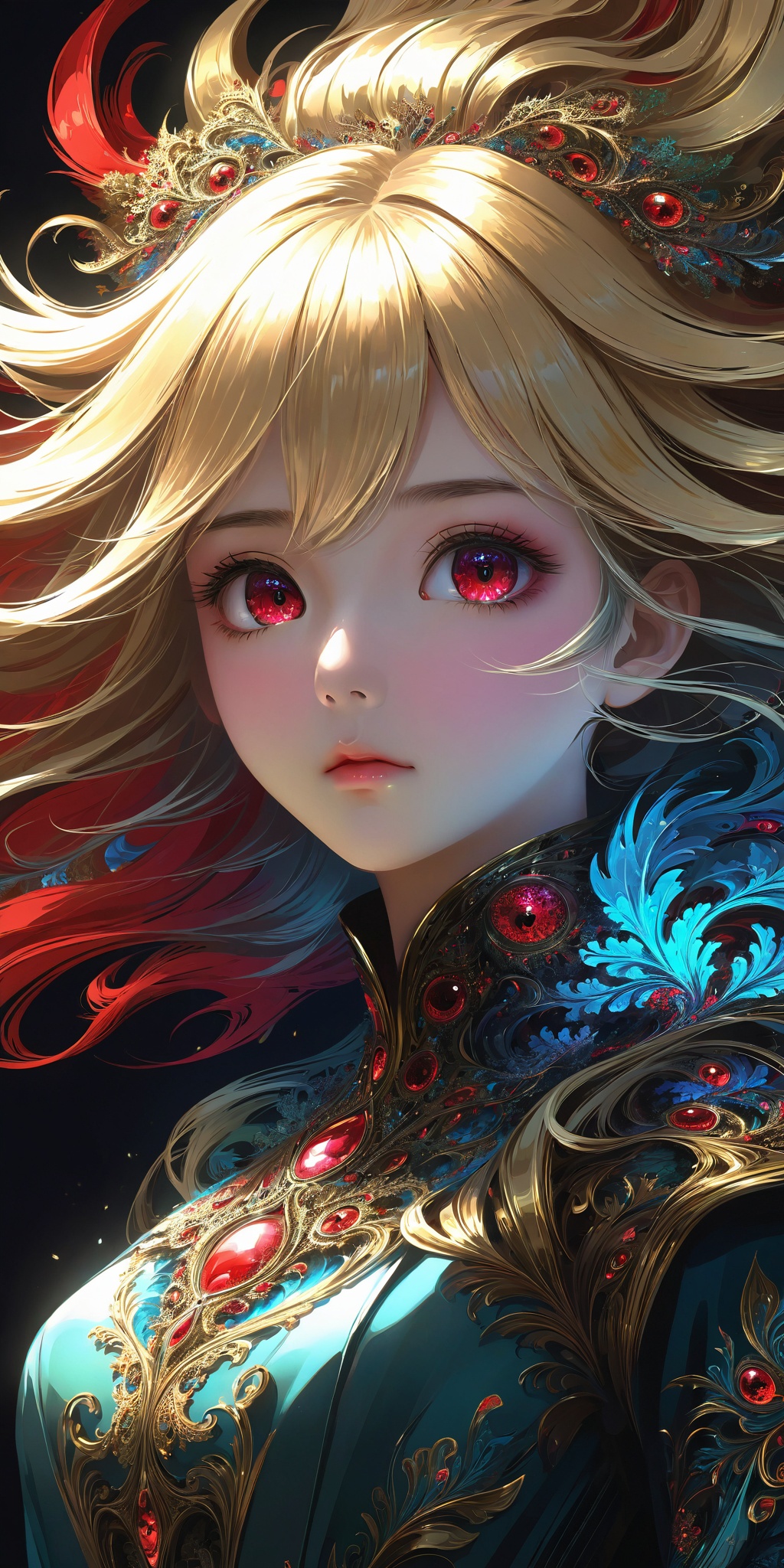 Best quality,masterpiece,,(absurdres, highres, ultra detailed), 1girl, solo, extremely detailed eyes, (official art, beautiful and aesthetic:1.2), (dark art,erosion,fractal art.:1.3), colorful, horror,highest detailed,messy_hair, red_eyes,wide shot,(half-body:1), endured_face, chinadress,.dark background, masterpiece,raw photo,best quality, photorealistic