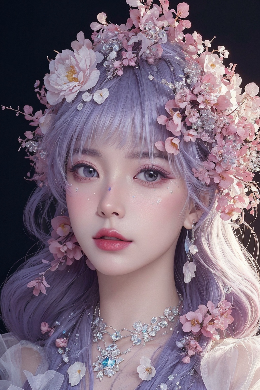 <lora:Fashion_Girl:0.66>purple  theme,  snowflakes,  looking at viewer,  portrait,  colorful hair,  jewelry,  close up,  ultra high res,  deep shadow, (best quality,  masterpiece),  dimly lit,  shade, highly detailed,  bold makeup,  flower,  simple background,  depth of field,  film grain,  fashion_girl,  accessories, High detailed, (masterpiece,high quality,best quality),(colorful),(delicate eyes and face),volumatic light,ray tracing,extremely detailed CG unity 8k wallpaper,solo, indoors, palace, lights, window, decorations,(ahoge:1.3),best quality,official art,(((light from the sky))),floating hair,light shines on hair,whultra-detailed,(((extremely detailed cg 8k wallpaper))),(crystalstexture skin:1.4),(extremely delicate and beautiful),(white skin),looking_at_viewer,kinghere fensejiaren,,realistic,