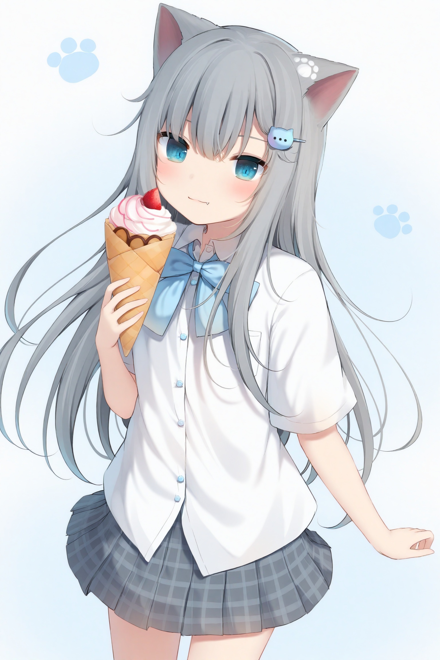 Best-A, amashiro_natsuki, Nachoneko_\(amashiro_natsuki\),paw_in_eyes, 1girl, solo, shirt, animal_ears, skirt, grey_skirt, white_shirt, closed_mouth, white_background, blue_eyes, collared_shirt, holding, grey_hair, hair_ornament, cat_ears, holding_food, food, short_sleeves, long_hair, bangs, plaid, blue_bow, plaid_skirt, pleated_skirt, bow, blush, simple_background, hairclip, dress_shirt, looking_at_viewer, doughnut, hair_between_eyes, smile, very_long_hair, hand_up, cat_girl, crepe, fang_out