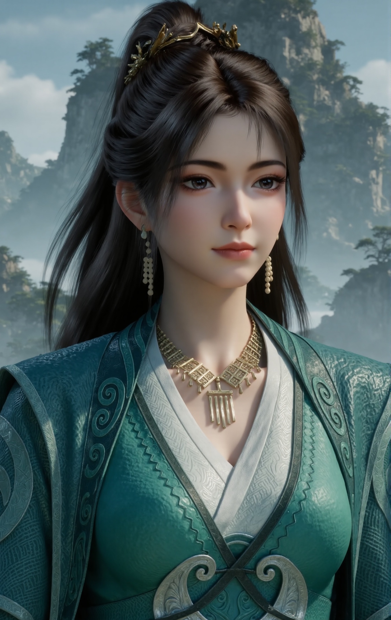 "Photograph of Mupeiling,wearing an elegant traditional Chinese attire in teal with intricate patterns and a white inner layer. She wears a gold necklace with dangling pendants and has her long dark hair styled in a high ponytail. On her head sits a small gold crown. The outfit combines green and white elements,showcasing detailed fabric textures and ornate patterns. Additional accessories include gold earrings and an elaborate necklace. Her look is completed with a traditional Chinese style in green and gold,featuring a high slit on the robe. Long black hair styled in an updo,emphasizing the detailed jewelry and textures.",