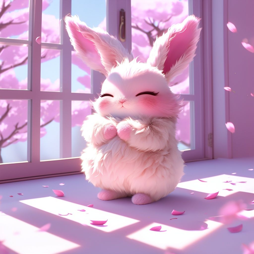 maotu, rabbit, rabbit focus, soft lighting, white fur, whimsy and dramatic lighting, warm colors, mf-movie-filter, cc-color-correction, cute, whiskers, :3, ^ ^, light particles, sunlight, no humans, window, closed eyes, solo, indoors, cherry blossoms, fluffy, petals, day, full body, blush, standing, closed mouth, shadow, blurry, pink background, spring \(season\), own hands together, facing viewer<lora:maotu_v1:0.8>,