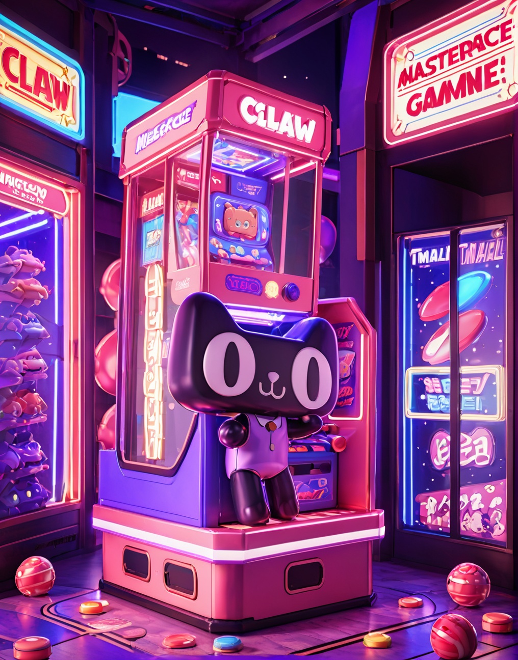 masterpiece, best quality,Tmall，Tmall，Tmall ip,Rich details, C4D modeling, octane render,Claw machine, in the arcade, happy, blue purple light, play games  <lora:Tmall SDXL-000006:0.8>, masterpiece, best quality,