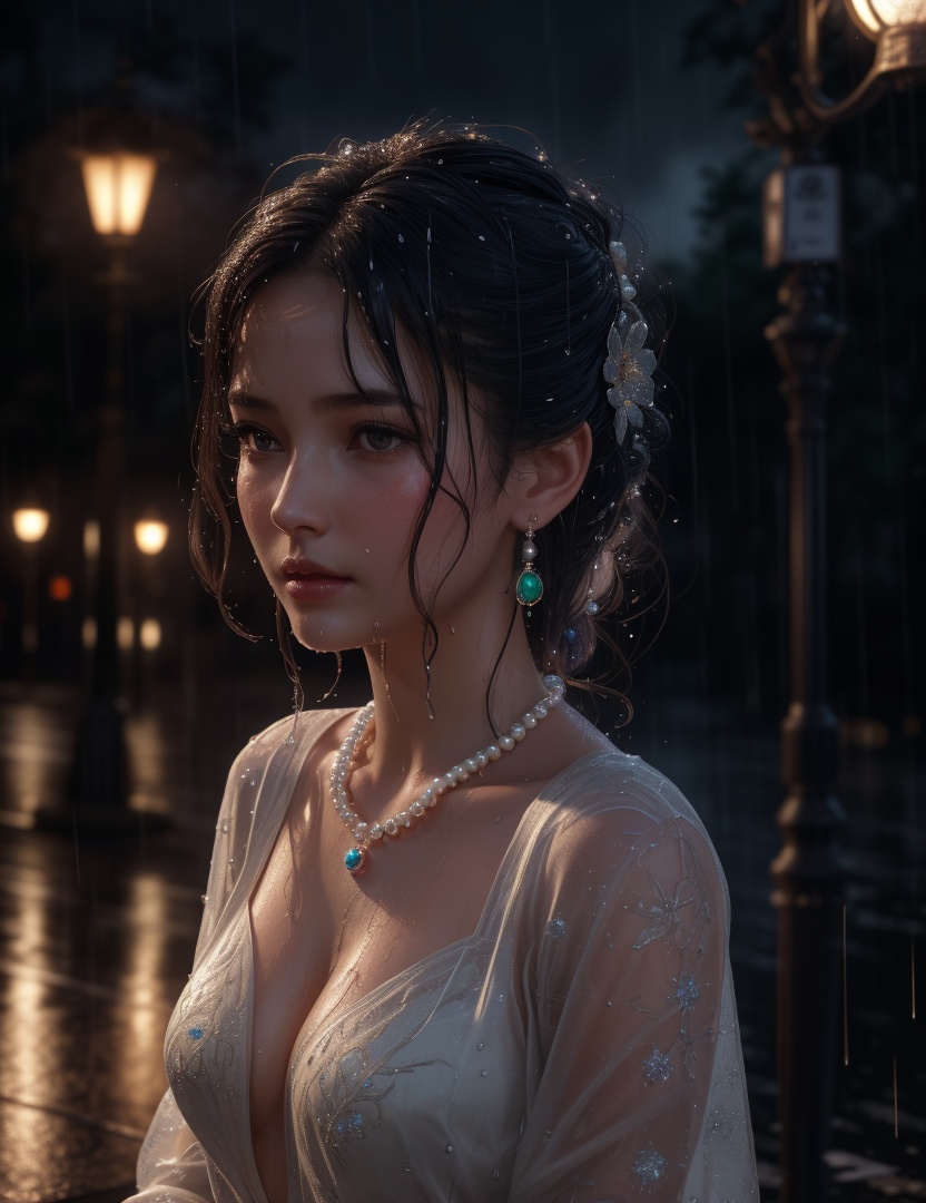 (,1girl, ,best quality, ),looking at viewer, ,ultra detailed 8k cg, ultra detailed background,  ultra realistic 8k cg,          cinematic lighting, cinematic bloom, (( , )),,  , unreal, science fiction,  luxury, jewelry, diamond, pearl, gem, sapphire, ruby, emerald, intricate detail, delicate pattern, charming, alluring, seductive, erotic, enchanting, hair ornament, necklace, earrings, bracelet, armlet,halo,masterpiece, (( , )),,  ,cherry blossoms,(((, night,night sky,lamppost,  ultra high res, (photorealistic:1.4), raw photo, 1girl, , rain, sweat, ,wet, )))(( , ))   (cleavage), (),