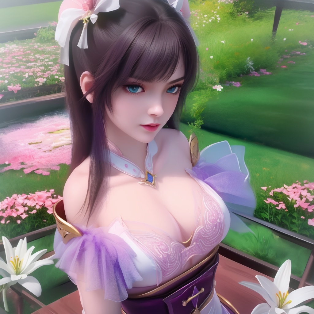 <lora:799-DA-神墓-楚钰:0.8>, (,1girl, ,best quality, ),,  ,ultra detailed 8k cg,ultra realistic 8k cg,1girl, solo,(bare shoulders:0.85),(masterpiece, best quality),((oil painting style)),sexy young lady,(beautiful face and eyes),(upper body:1.5),(whole body:1.05),(single person:1.2),surrounded by flowers, (lily), roses, floret, vegetation, white, purple, purplish pink,Impressionism,colorful,(Breast size:1.3),(cleavage),,