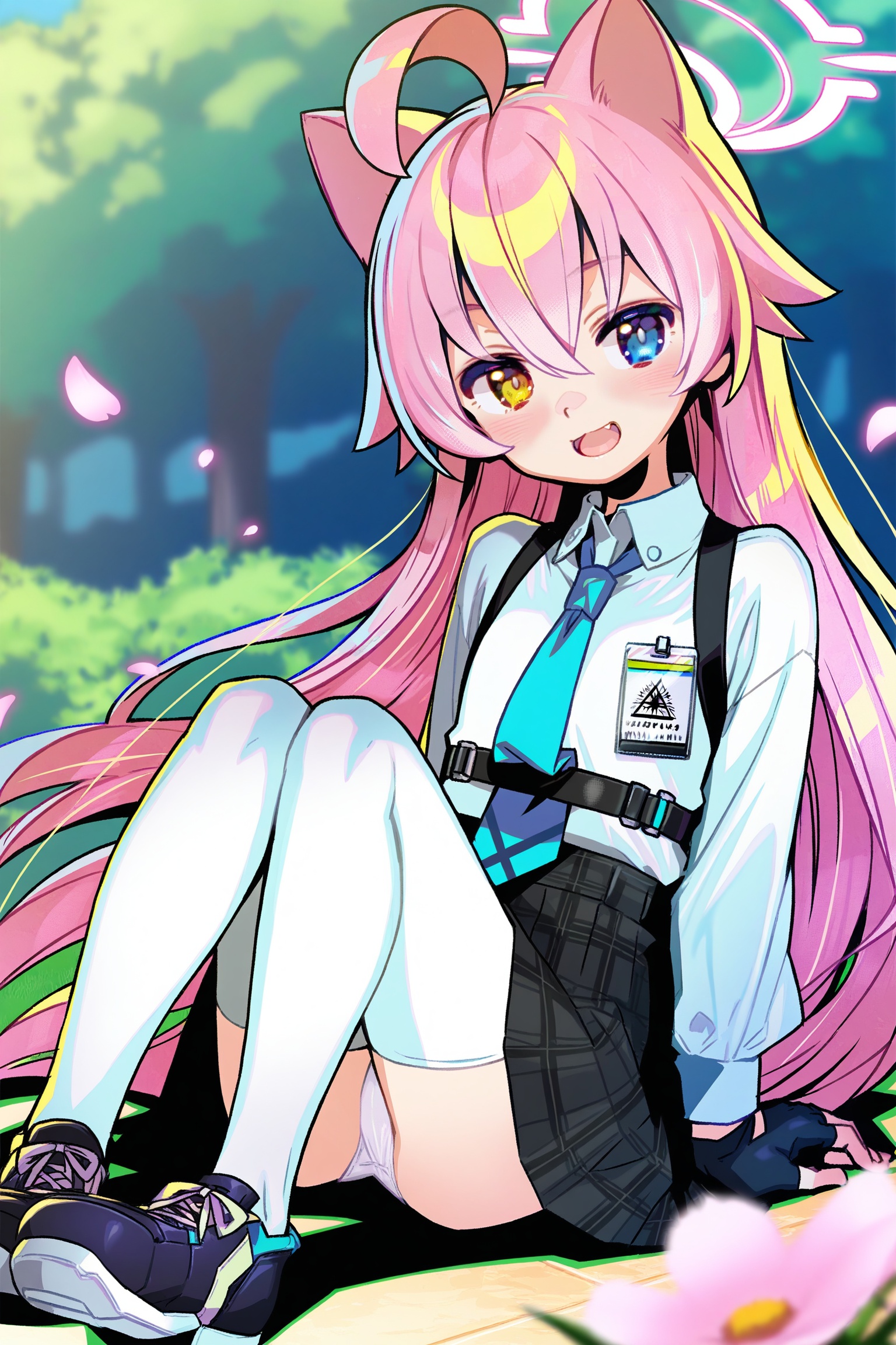 Himehajime,1girl,hoshino (blue archive),solo,heterochromia,long hair,shirt,gloves,pink hair,skirt,blue eyes,necktie,underwear,panties,animal ears,white shirt,thighhighs,flower,white panties,pink flower,halo,blue necktie,black gloves,fingerless gloves,collared shirt,very long hair,sitting,plaid skirt,plaid,looking at viewer,outdoors,smile,white thighhighs,open mouth,blush,pantyshot,black skirt,bangs,petals,:d,yellow eyes,long sleeves,pleated skirt,id card,hair between eyes,fang,shoes,ahoge,black footwear,cat ears,blurry,