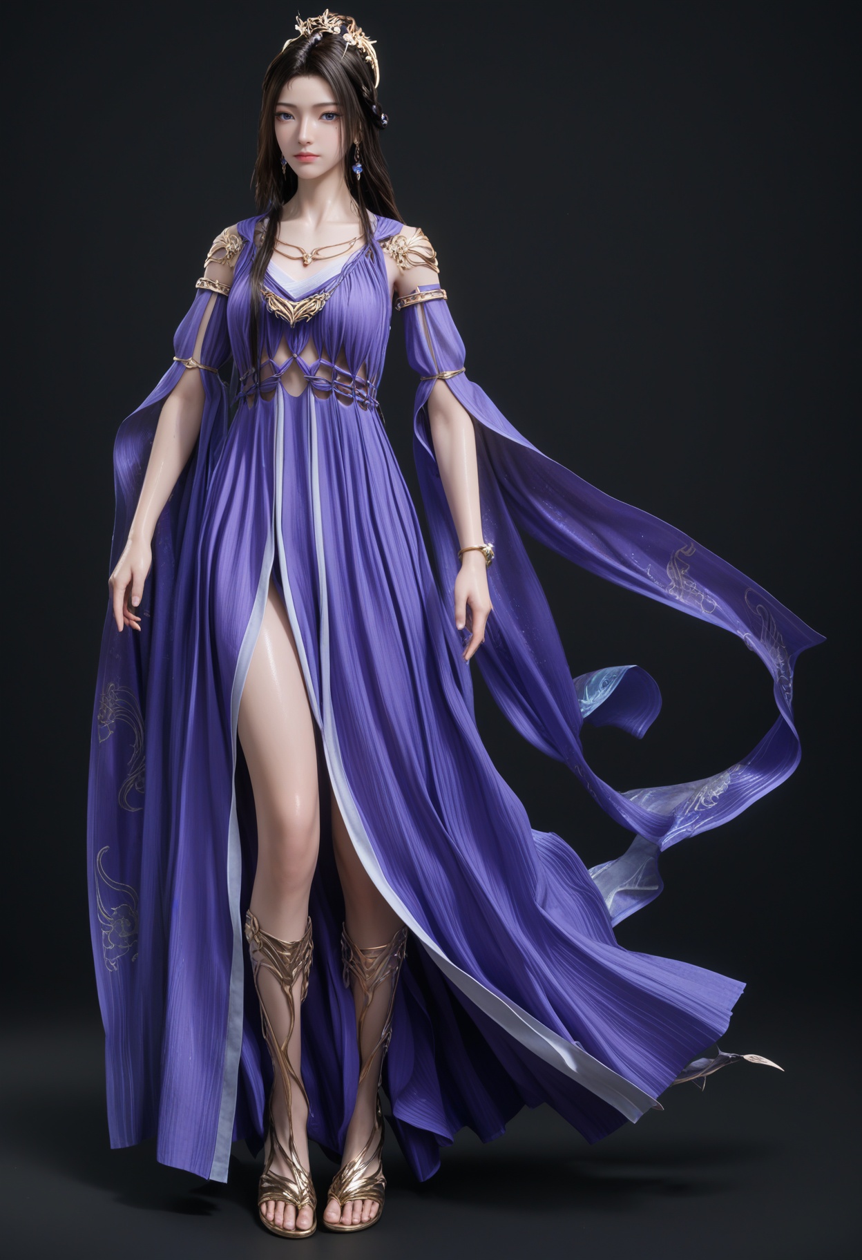 (cowboy shot:1.2),(score_9:1.2),(score_8_up:1.2),(top quality, 8k wallpaper:1.1),(masterpiece:1.1),(best quality:1.2),(intricate details),8k,1girl,facing viewer,(looking at viewer:1.1),<lora:YQ_pony_ziling_V4:0.95:lbw=1,1,1,1,1,1,1,1,1,0.8,0.8,0.1>,q1528437228,1girl,solo,long hair,black hair,dress,jewelry,hair ornament,necklace,blue dress,purple dress,blue eyes,bracelet,detached sleeves,hair bun,brown hair,earrings,braid,single hair bun,mole,wide sleeves,sandals,purple eyes,mole under eye,tiara,long sleeves,pantyhose,BREAK(score_9:1.2),(score_8_up:1.2),masterpiece,best quality,very aesthetic,perfect anatomy,(hourglass),perfect face,(simple background,pure black background,black background:1.1),fair_skin,(shiny_skin:1.1),Ivory_skin,