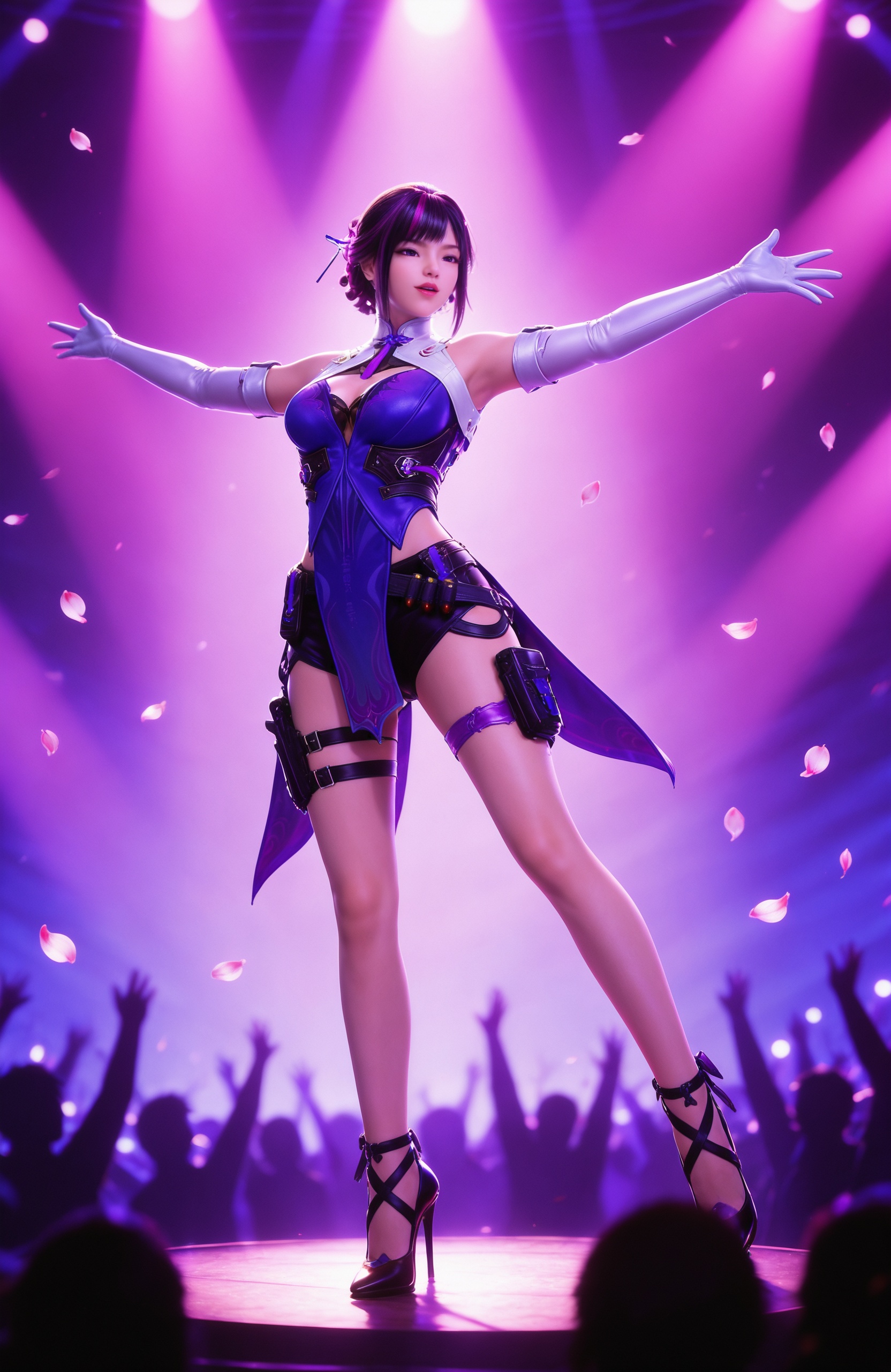 <lora:CF-虹儿Pony:0.8> 1girl, breasts, short hair, gloves, dress, cleavage, standing, full body, purple hair, shorts, solo focus, elbow gloves, white gloves, high heels, petals, thigh strap, outstretched arms, purple dress, holster, dancing, thigh holster, crowd, stage, glowstick, concert